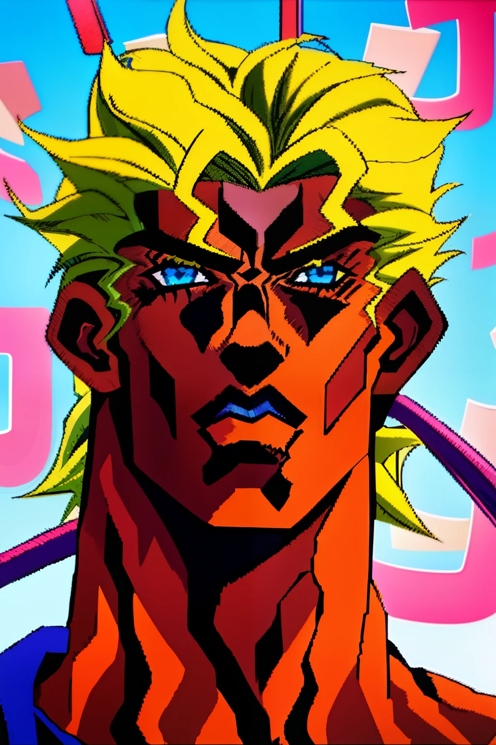 menino, Branco, cabelos curtos e cacheados, raspado nas laterais, forte, alto, olhos claros e no estilo do anime Jojo's Bizzare Adventure