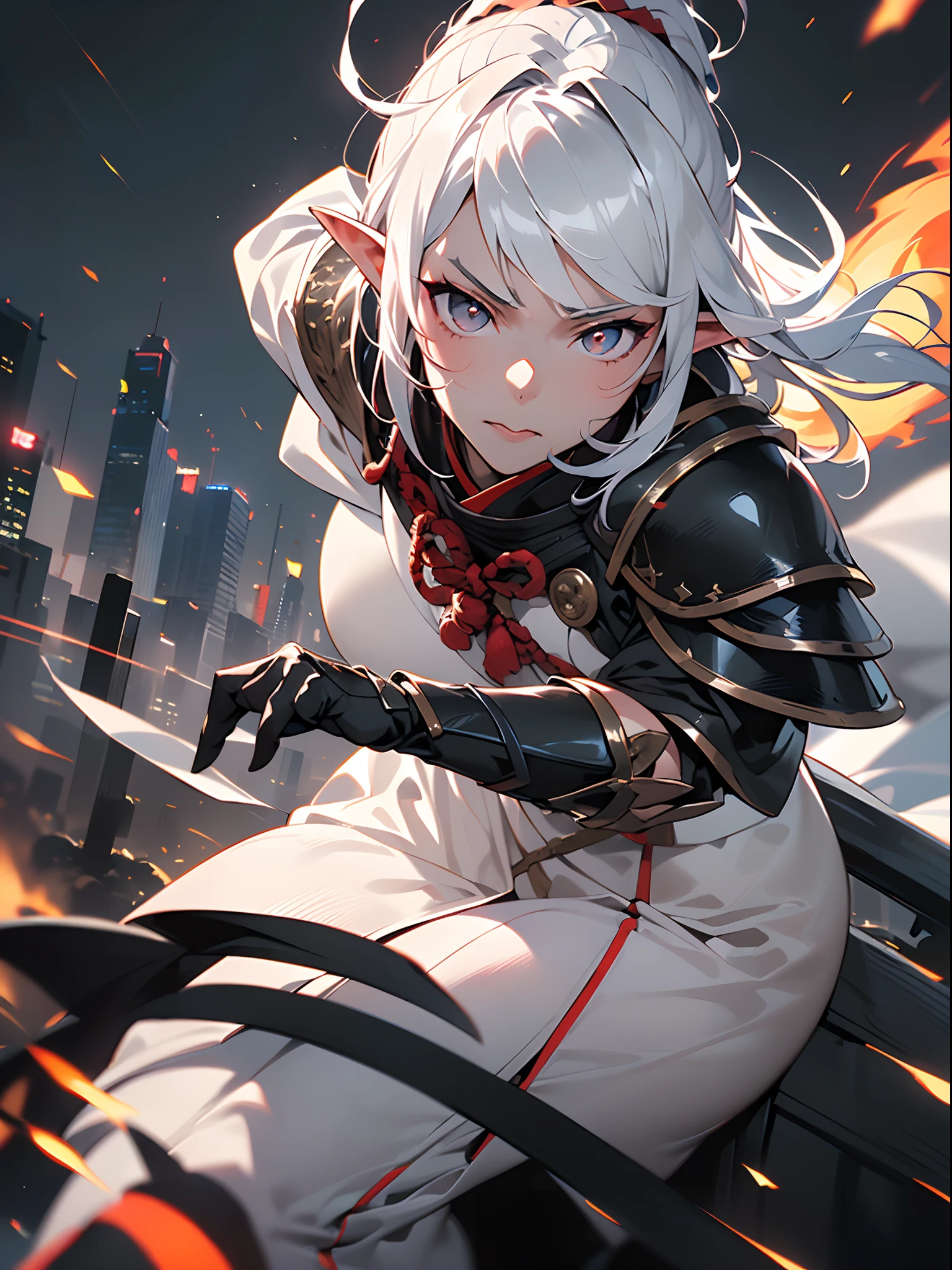 ((jpn)),((Best Quality)),((Beautifully painted)),((hight resolution)),1girl in,(((Beautiful Elven Daughter))),(((onmyouji))),(((suikan))),((White cloak with red decoration)),Luminescent bushy silver-haired ponytail,Shining eyes,(((black gauntlet and glove))),nice hand, Perfect hands,((sliding)),(((Fight black demon monsters in the streets of a big city at night burning fiercely))),((Flying flames)),armor,(face forcus),(((motion blur))),(((dynamic angle))),((cinematic lighting))