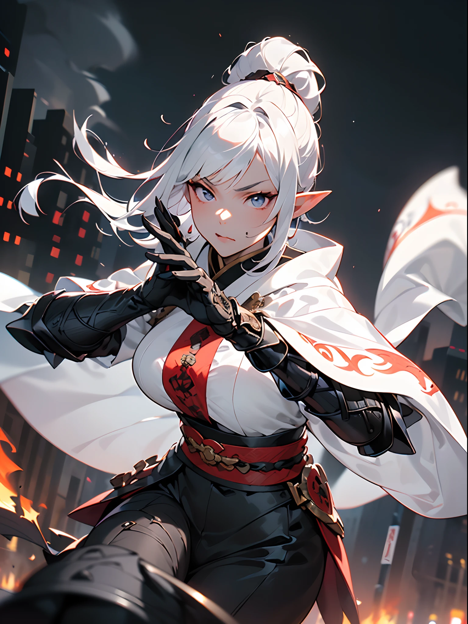 ((jpn)),((Best Quality)),((Beautifully painted)),((hight resolution)),1girl in,(((Beautiful Elven Daughter))),(((onmyouji))),(((suikan))),((White cloak with red decoration)),Luminescent bushy silver-haired ponytail,Shining eyes,(((black gauntlet and glove))),nice hand, Perfect hands,((sliding)),(((Fight black demon monsters in the streets of a big city at night burning fiercely))),((Flying flames)),armor,(face forcus),(((motion blur))),(((dynamic angle))),((cinematic lighting))