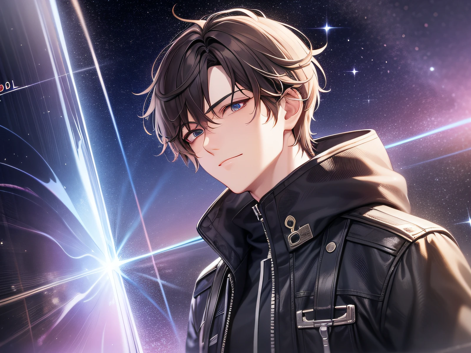 High image quality Best image quality Detailed depiction Cool composition Stunning design Modern The night sky is full of stars, and the man's eyes shine beautifully, reflecting the light of the stars. A faint smile appears on the man's lips
