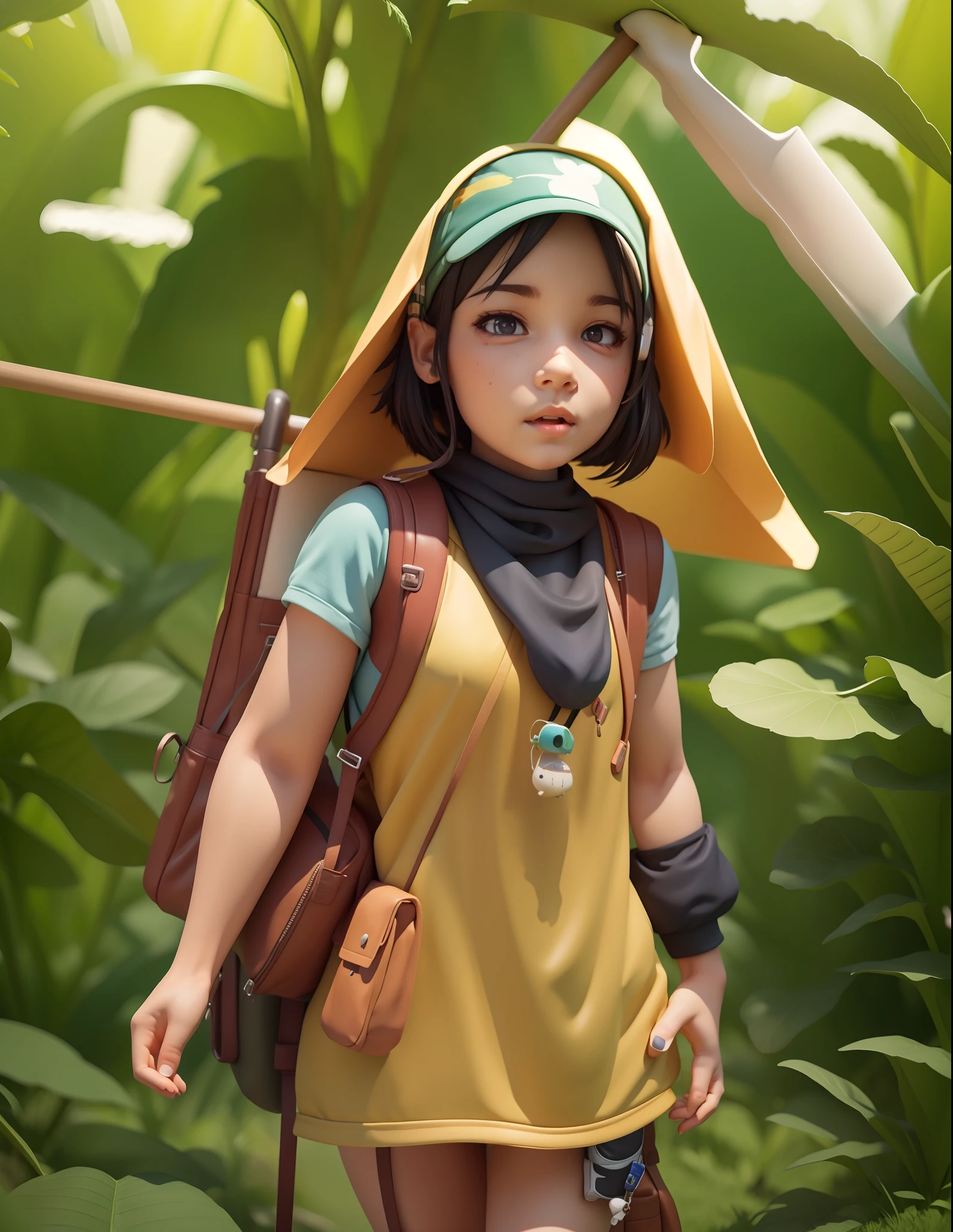 There is a poster with a cartoon character in a hat and backpack, female explorer mini cute girl, walking in the wilderness, flower jungle, animation style rendering, cute 3 D rendering, small characters. Unreal Engine 5, stylized anime, cute detailed digital art, Atey Ghailan 8 K, stylized 3D rendering, adventure surreal rendering, anime style 3D, 3D rendering stylized