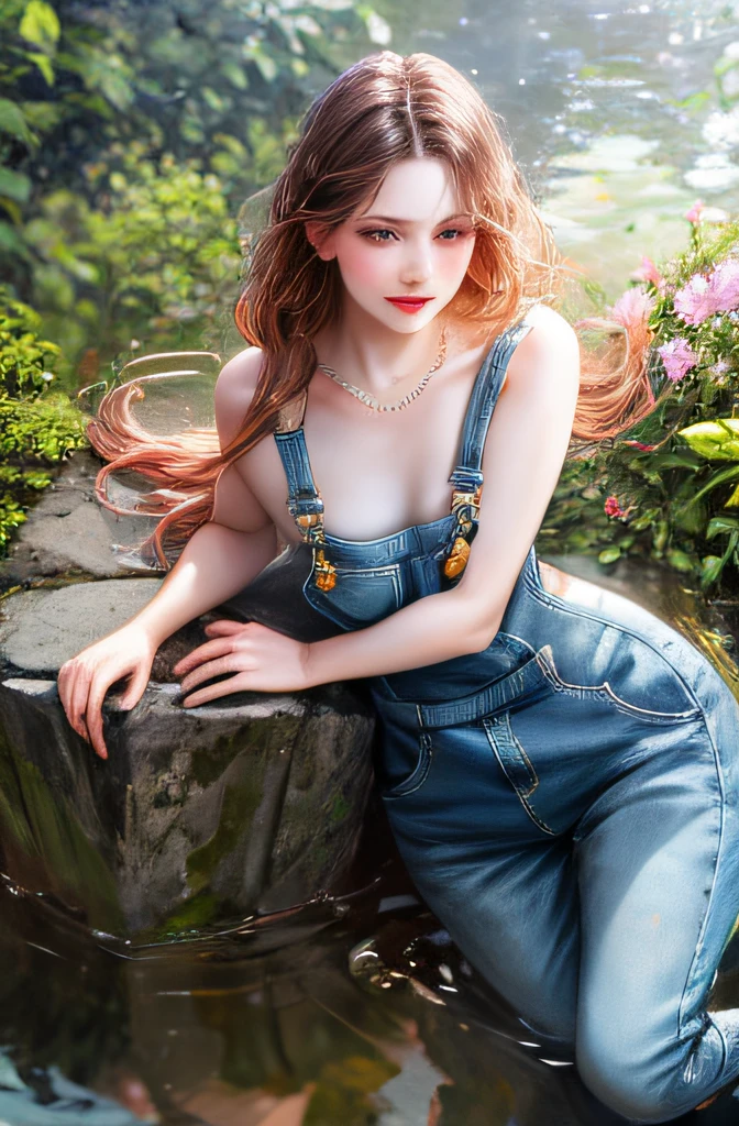 (absurderes、Hi-Res、ultra-detailliert)、1girl in、独奏、barroco、a necklace、elegent、colourfull、highestdetailed、The upper part of the body、plein air、garden、best qualtiy, Hyper High Detail, Cinematic lighting,From above ,Modern, Full body like,refined face,kawaii faces,Skin reflection,25 years old female,slimfigure,A slender,cropped shoulders,Outside,((Woman in overalls)),