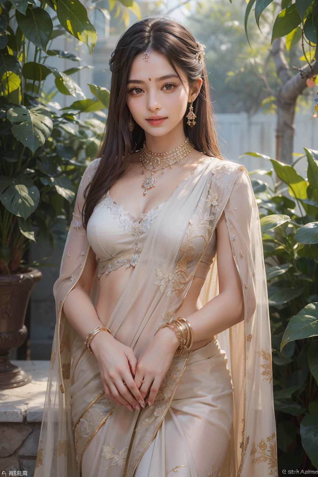 ((top-quality、​masterpiece、photographrealistic:1.4、8K))、Beautuful Women、full bodyesbian、、delicate and beautiful face、Lady of India's Great Noble Lady、（Women of Southeast Asia）、（Luxury saris and headdress in Indian style）、Luxury accessories、saree、Beautiful lighting、Textured skin、Super Detail、high detailing、High quality、hight resolution、（Stroll through the beautiful Indian-style gardens。Indian castle on background）、florals、The tree々、Elegant smile、（looking at the viewers）