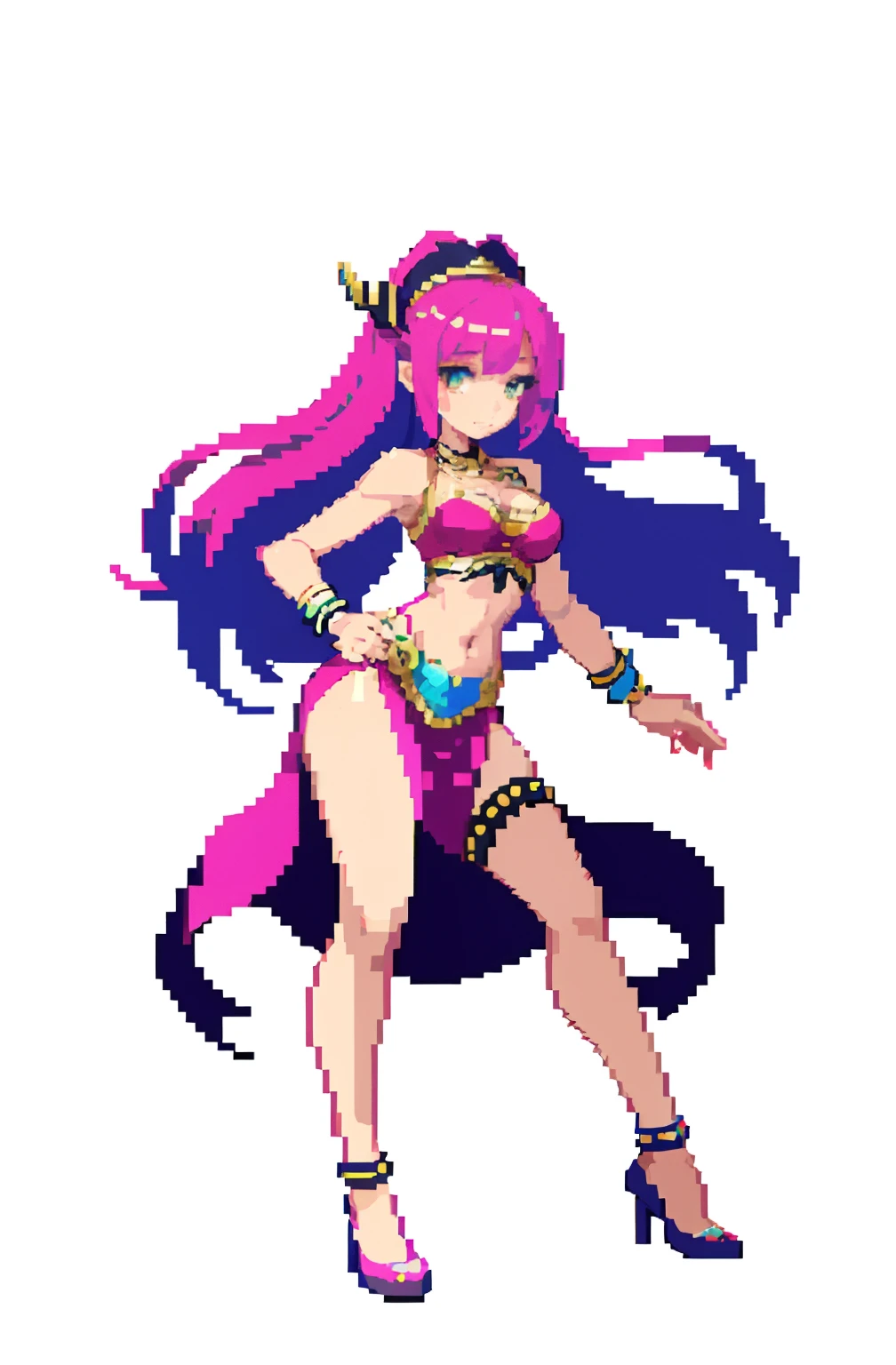 (masterpiece, top quality, best quality), pixel,pixel art,1girl,full body, Abigail, purple hair, bow, bikini, medium breasts, cleavage, midriff