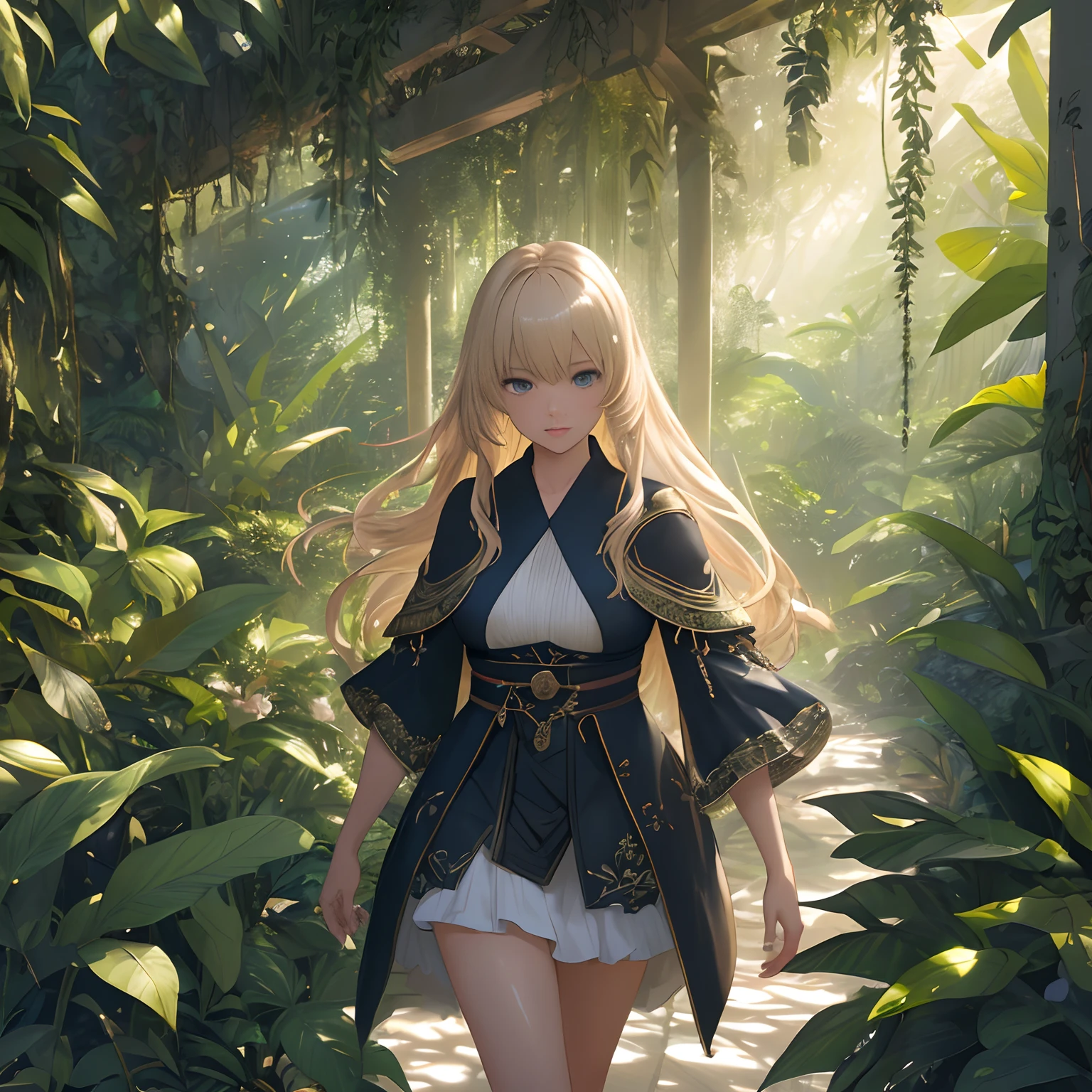 Absurdres, highres, ultra detailed, (ultra-detailed background, detailed background), extremly detailed, Digital illustration, detailed and intricate, of a dense jungle filled with exotic plants and animals, the sunlight filtering through the canopy creating a dappled effect. In the style of Yoshitaka Amano and Hayao Miyazaki, masterpiece, proportional, detailed, trending on artstation, beautiful lighting, realistic, intricate, award winning, 4k, highest quality Award-winning, 4K digital painting in the style of Yoshitaka Amano, masterfully capturing the chaos and drama of the scene. Beautiful lighting and cinematic composition make this piece a true masterpiece, trending on artstation, 1 girl walking, solo, beautiful and cool, mysterious atmosphere, seductive face, long platina blond straight hair, from above