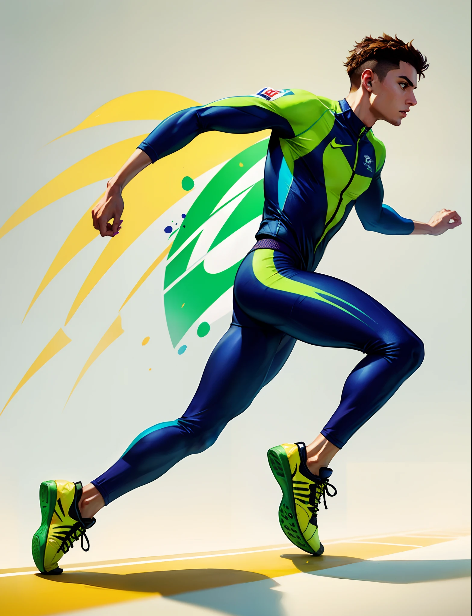 a man running in a yellow and black suit with green splats, nike cycling suit, sprinting, athletic fashion photography, made with photoshop, sports clothing, tech wear!!!, photo render, athlete photography, wearing track and field suit, artistic render, futuristic tech wear, fullbody painting, sport clothing, photoshopped, athletic body, full body painting, running pose