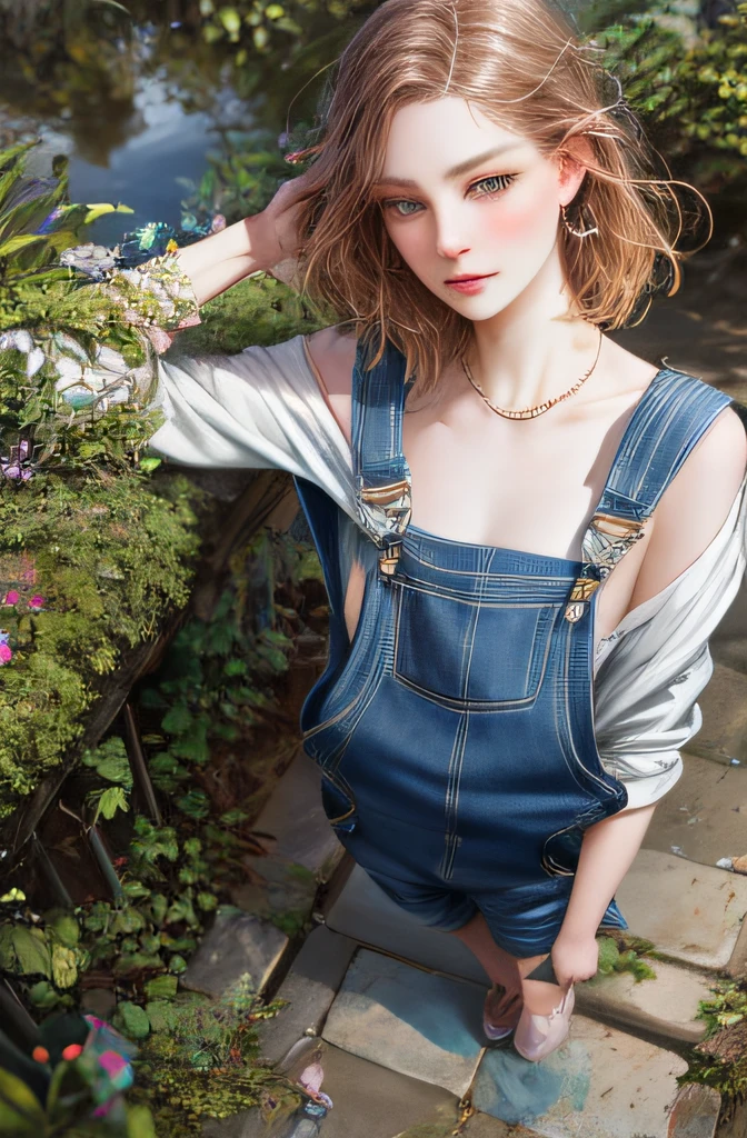 (absurderes、Hi-Res、ultra-detailliert)、1girl in、独奏、barroco、a necklace、elegent、colourfull、highestdetailed、The upper part of the body、plein air、garden、best qualtiy, Hyper High Detail, Cinematic lighting，From  above ,Modern， Full body like，refined face，kawaii faces，Skin reflection，25 years old female，slimfigure，A slender,cropped shoulders，Outside,((Woman in overalls)),