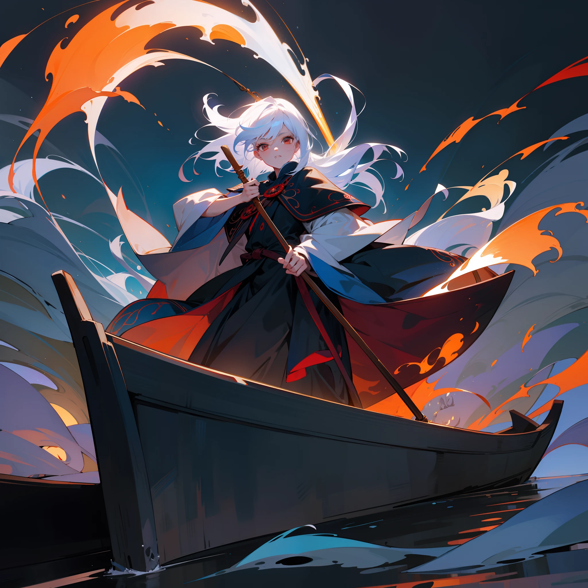 Blue-white hair，Middle-aged woman，magestic，In his left hand he holds a skull，Holds a staff in his right hand，The background is on a canoe，Stand up，Time is night，There are moons，Moonlight close-up，The skull emits red flames。