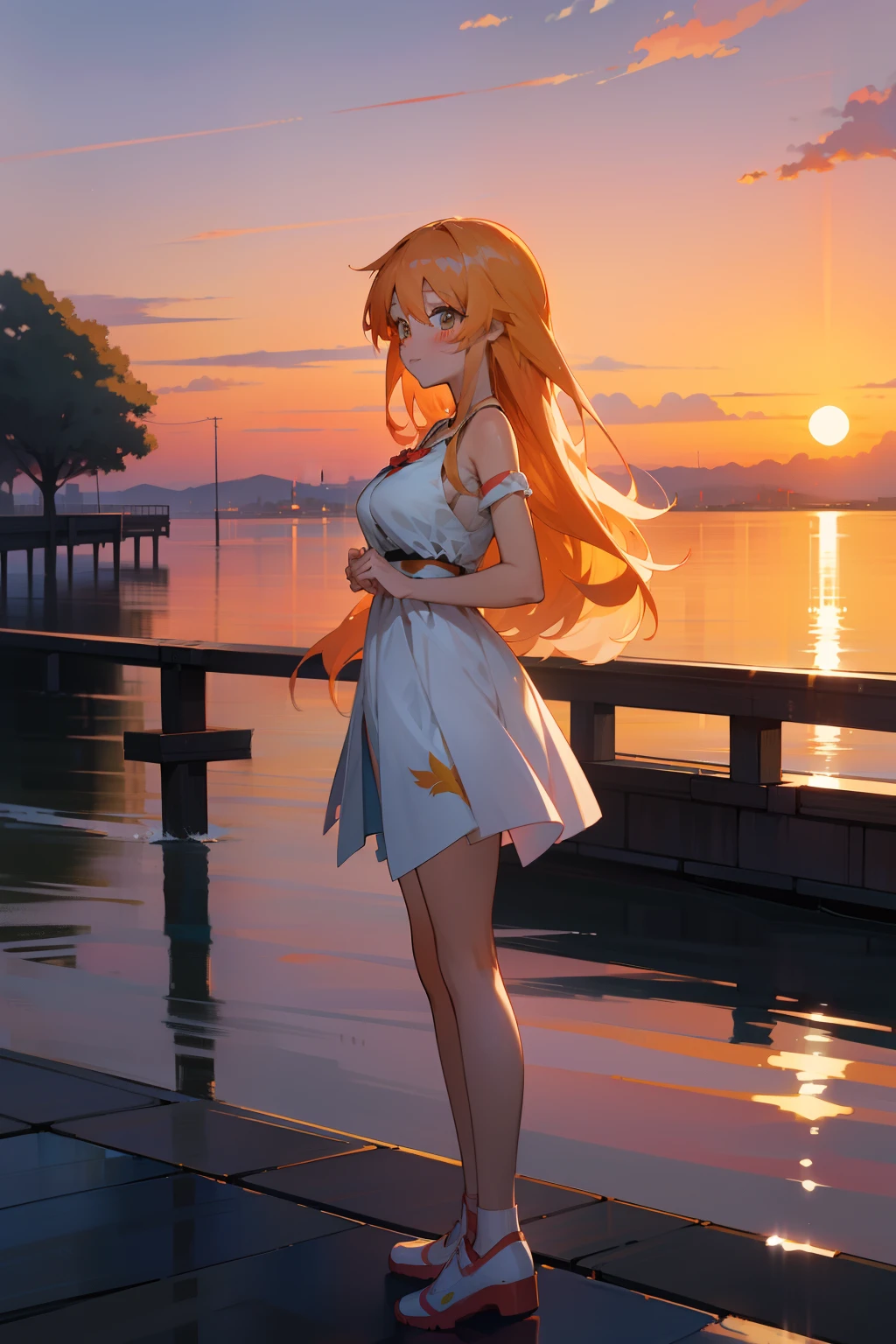 anime big breast, Thirteen girls standing on the dock at sunset, watching the sunset. anime big breast, beautiful anime scenes, Beautiful anime, two beautiful anime girls, Anime Pictures, Beautiful depiction, style of aenami alena, author:Hosomura Kane, Beautiful anime artwork, with a sunset, With sunset, anime beautiful peace scene, style of anime4 K