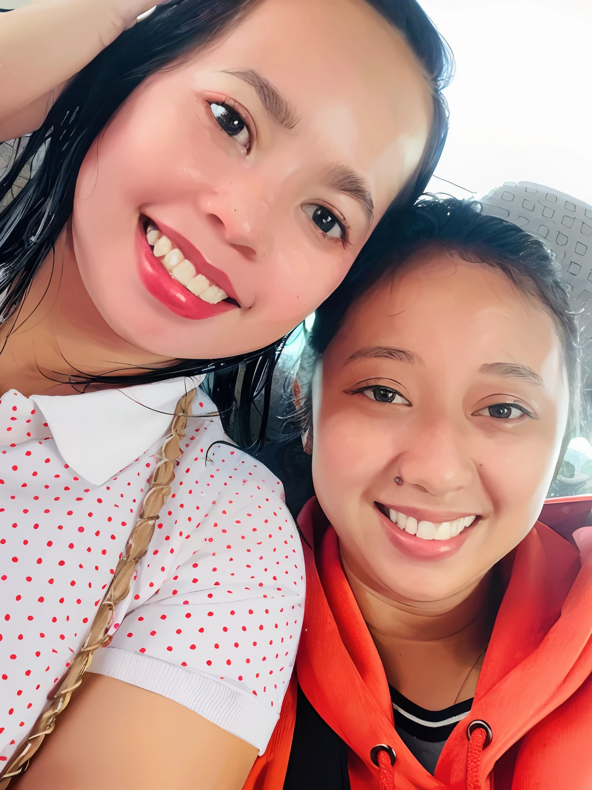 there are two women sitting in a car smiling for the camera, two women, sisters, scandy and arender, with wet faces!!, a picture, happy friend, picture, two girl in couple, both smiling for the camera, 😭 💕 🎀, profile picture, with a twin, beautiful faces,