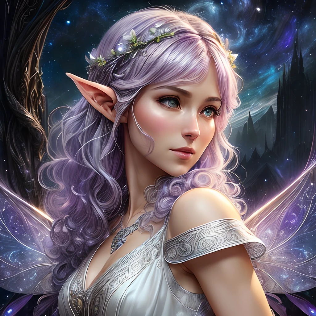 (((Elven Maiden))) ((Fairy wings on the back)) ((Flowing white dress with purple vest)) Cute, capricious (((Long curly lilac hair)), hyperdetails, ((Starry sky)) Insanely detailed fantasy HDR, Perfect features, (Bright moonlight and shadows) Charming, Epic Color, Fantasy, ((Skyrim)) , Digital Illustration, Extreme Detail, Digital Art, 4K, Ultra HD, cinema4d, National Geographic Photos, rokoko, Beautiful, Polished, Convoluted, ((Detailed face)), Fantasy Art, beautifull detailed face, Sharp Focus, Concept art, art by wlop, ArtGerm, Greg Rutkowski and Alphonse Mucha, 2D vectors, Beautiful, Vibrant