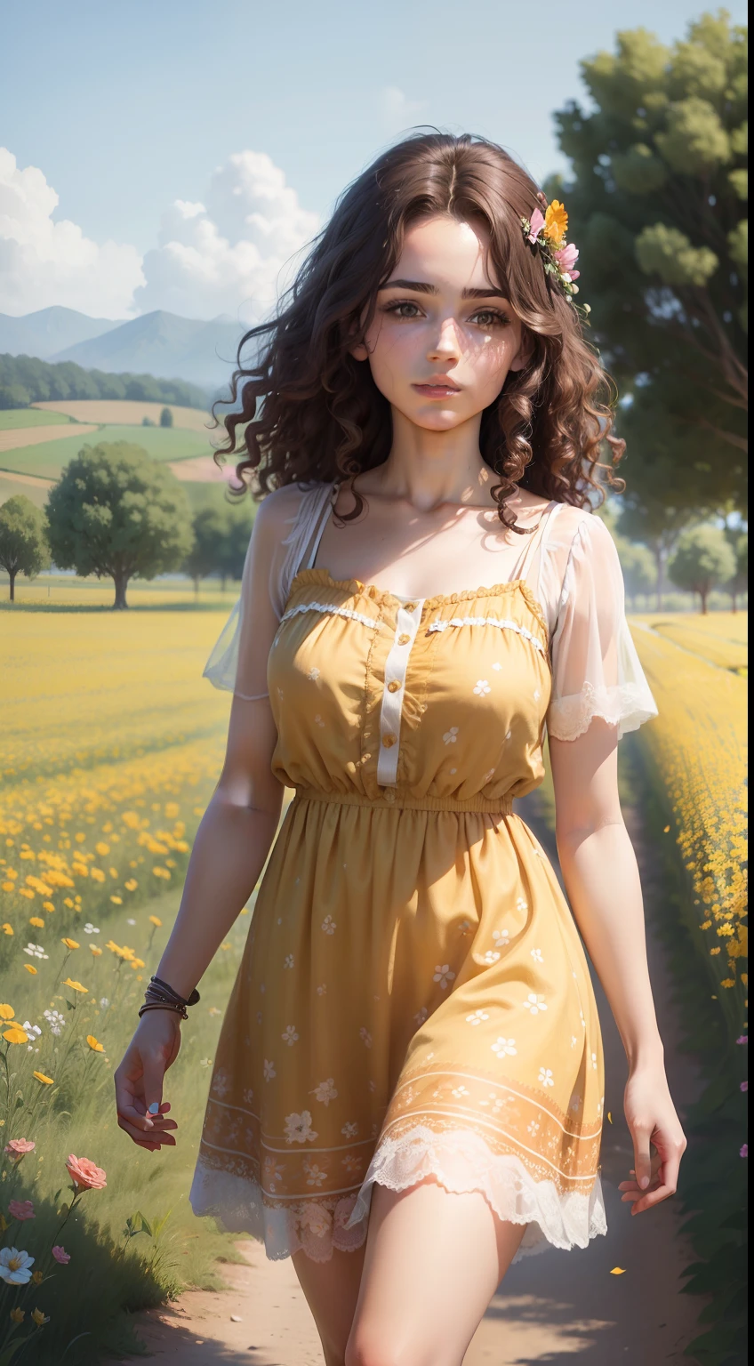 20 year old Balkan girl with brown curly hair and brown eyes in a short flowery summer dress walking through a field of flowers (realistic: 1.3)