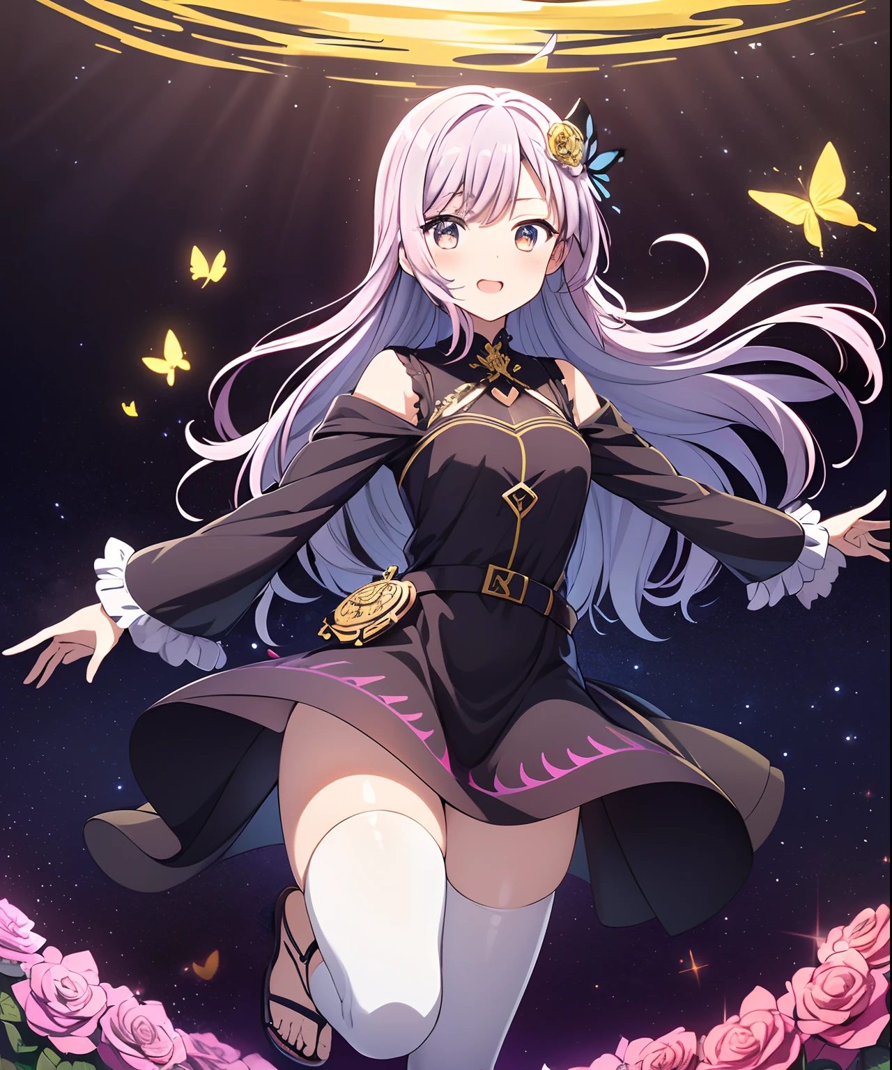 (((​masterpiece)))、(((top-quality)))、((ultra-detailliert))、(illustratio)、((extremely delicate and beautiful))、、Bright smile、floating、Light purple hair、(Detailed light) (1girl in)、、独奏、The long-haired、The wind is blowing、A WORLD、（cute eye）、4 fingers、(the golden ratio:1.2),(Rose graffiti:1.2),(Fault Color:1.3),[(Bai:1.4)::10],(full bodyesbian:1.2),(ultra-detailliert:1.3),(tarot：1.6）、（a sorceress（tarot）：1.6）、（paper：1.2）、（Leprechaun：1.6）、（fairy wings：1.2）、full bodyesbian、Standing in the air、（cool：1.2）、（Long red hair),(butterfly hair ornament),(Floral hair ornament:1.0),((sandal,Locket)),(Colorful Cocktail Long Dress:1.0)+(Loose sleeves coat:1.3)+(Floating colorful tassels and ribbons:1.2) ),(white stockings:1.2),(Colorful ink paper flowers growing on the face:1.2),(Sea of colorful flowers:1.3),(Chaotic geometric images:1.3),(negative space:0.8),(Drawing board:1.3 )、(Ether Colorful Ink Flow:1.3)