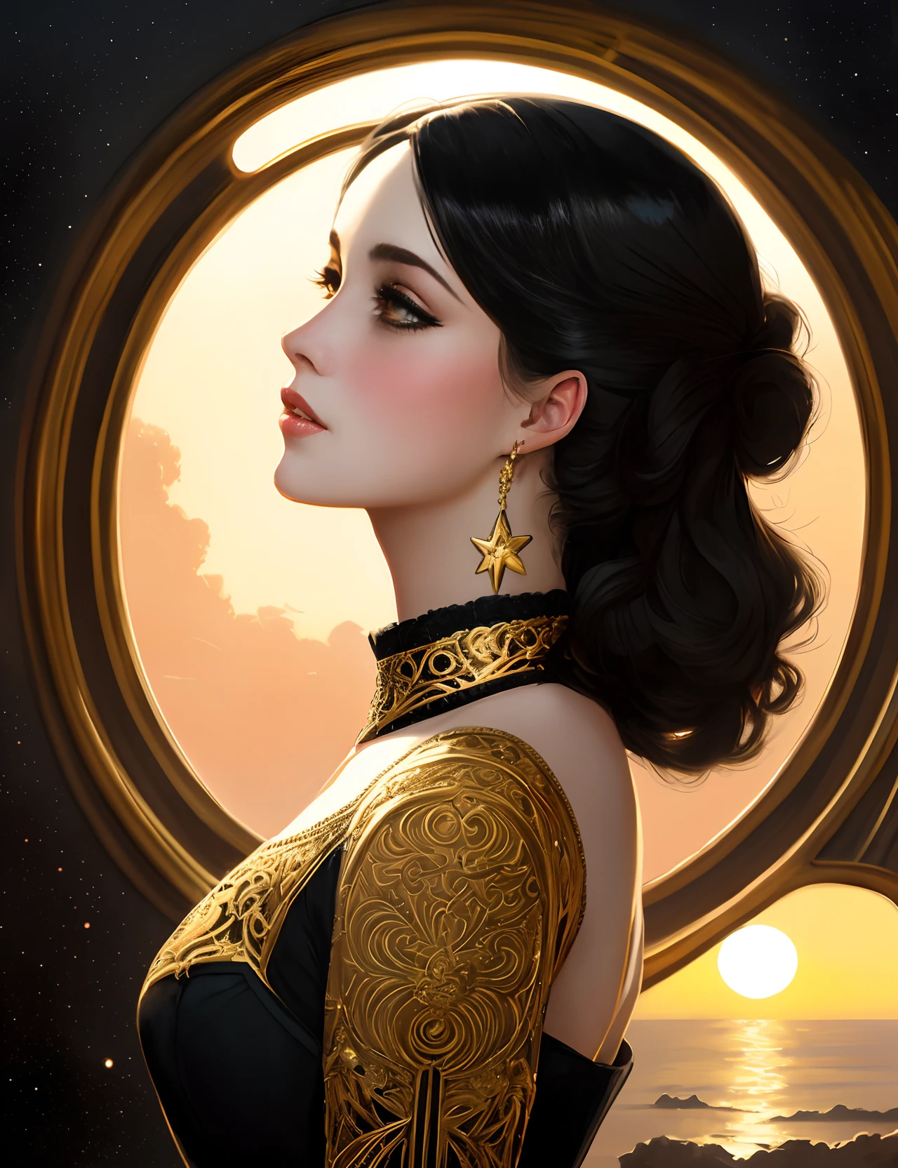 In the style of Krenz Cushart, Ashley Wood, and Charlie Bowater and Artgerm, with art deco trim, a gold and black subtle black accent with gold filigree, sunset gold filigree background, twinkling stars, mysterious, elegant, detailed by Norman Rockwell