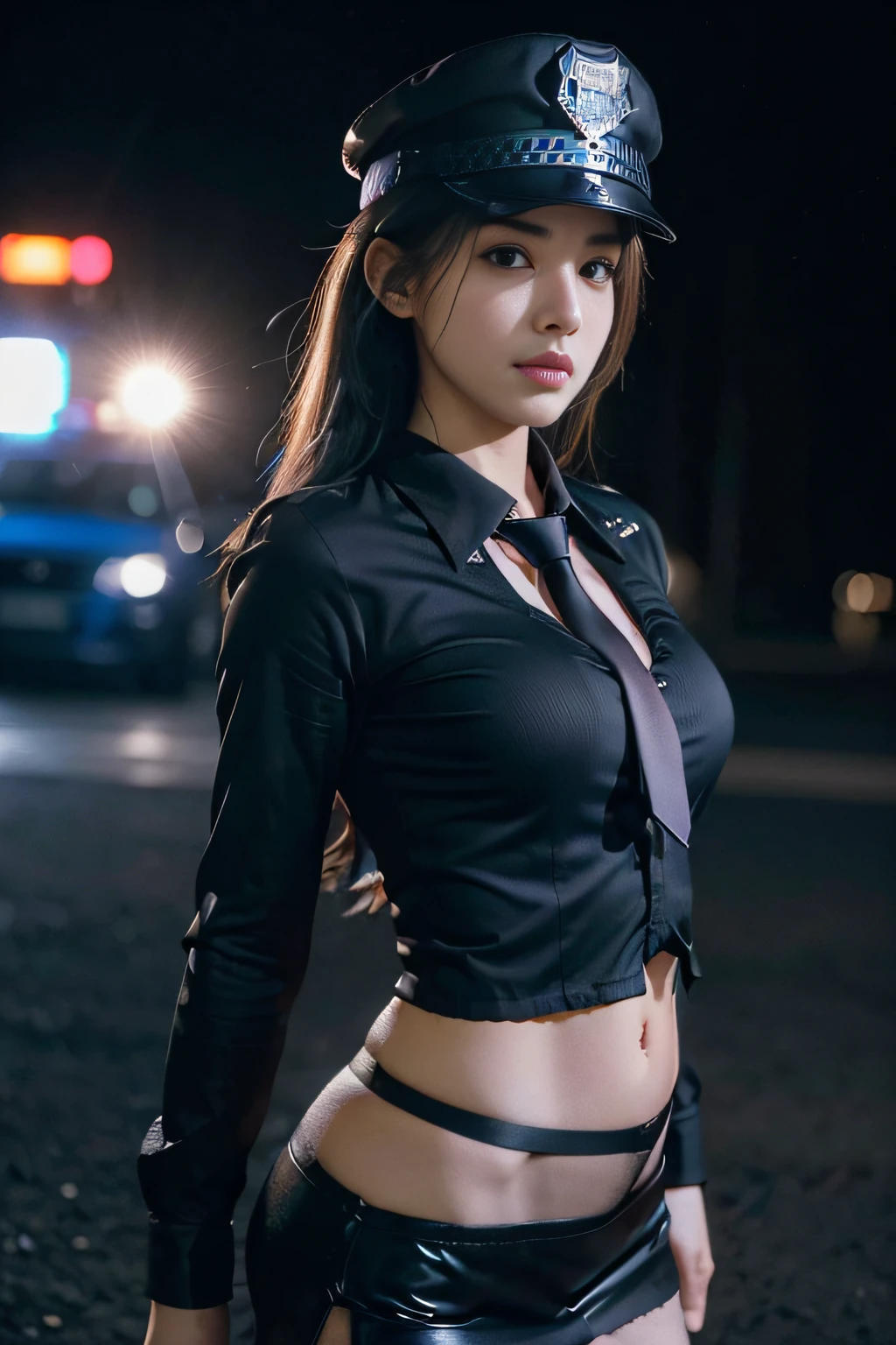 ((beatiful girl:1.3)) ((police girl:1.4)) ((sweat:1.3)) ,((wearing detailed unbuttoned police black colored shirts with necktie and black colored miniskirt:1.25)) (police hat, police suits,) ((best quality,masterpiece,ultra high res)),(photorealistic:1.4),raw photo,(Authentic skin texture:1.3),(film grain:1.3),panorama,character portrait,very wide shot,narrow waist,cowboy shot,(in the dark, deep shadow, low key, cold light,) ,dust,Tyndall effect,(expression),,beautiful detailed eyes and face,brown eyes, ((full body:)) ((close up:)) ((flat stomach)) ((city in the night)) ((cleavage)) ((panty shot:1.3))