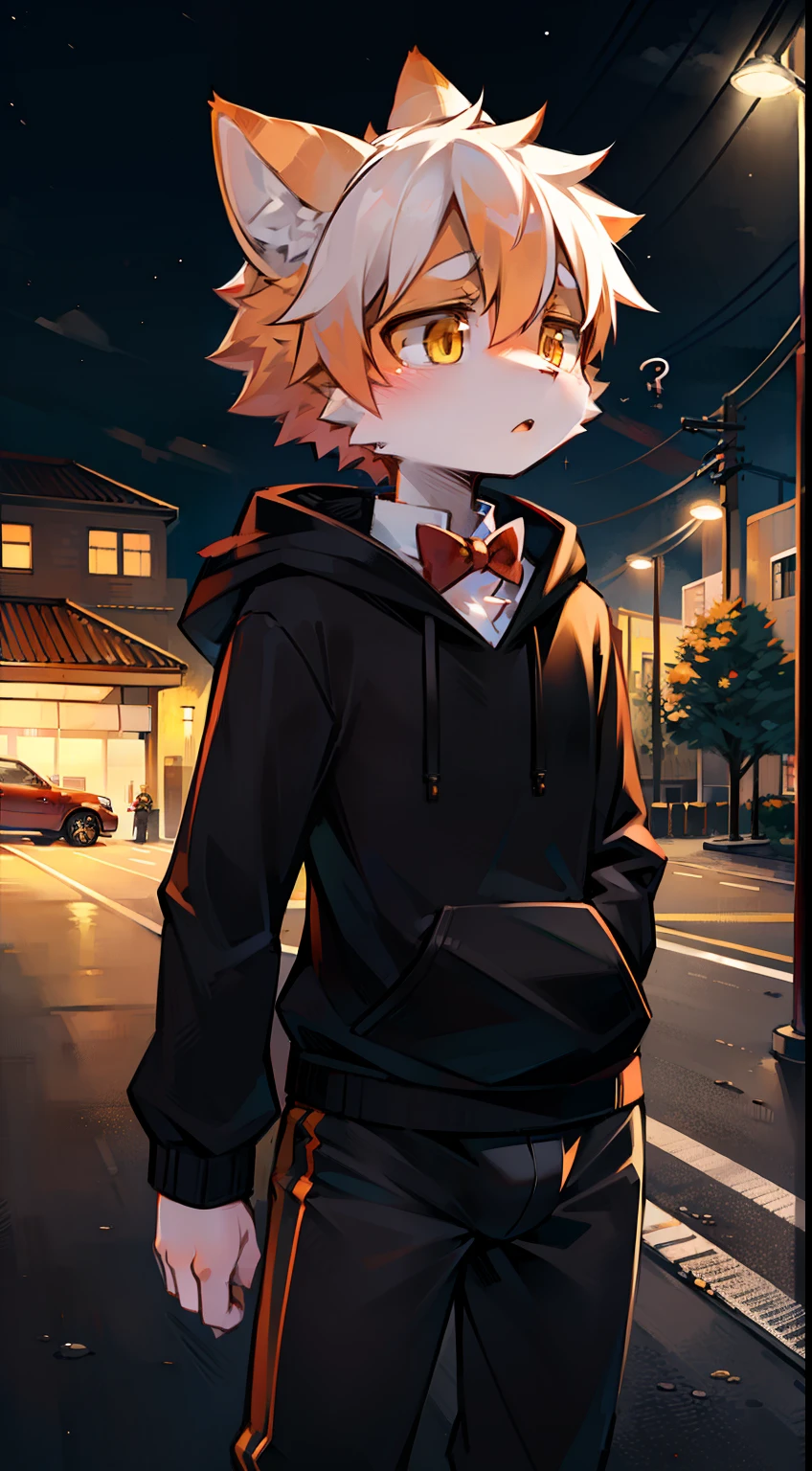 solo, kemono, femboy, orange and white hair, yellow eyes, wear red bow tie, wear black hoodie, wear black boxer, confused reaction, standing in parking lot, parking lot background, night time