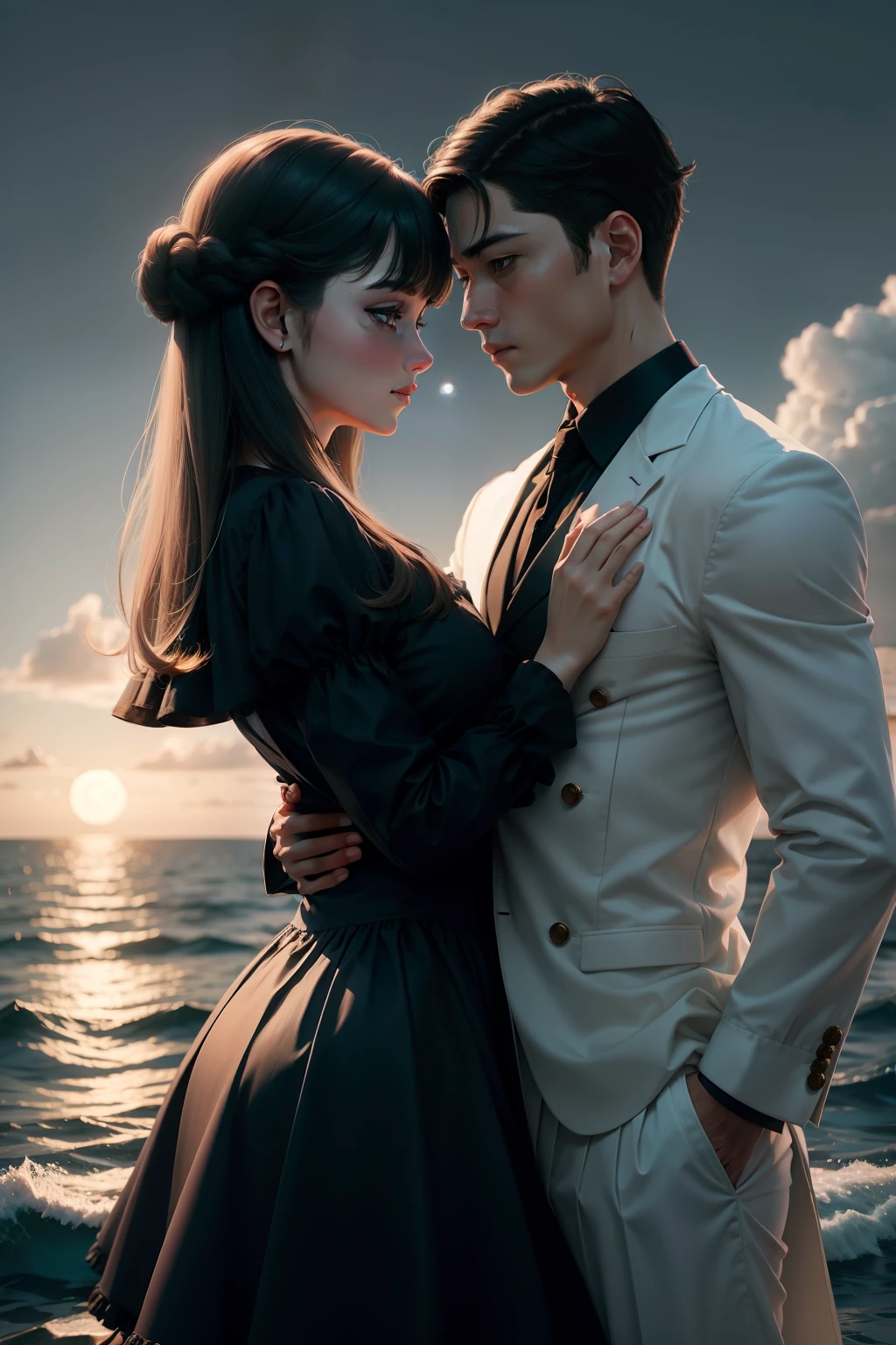 Young woman with beautiful hair in black dress kissing sailor man on ship while raining on a dark night 