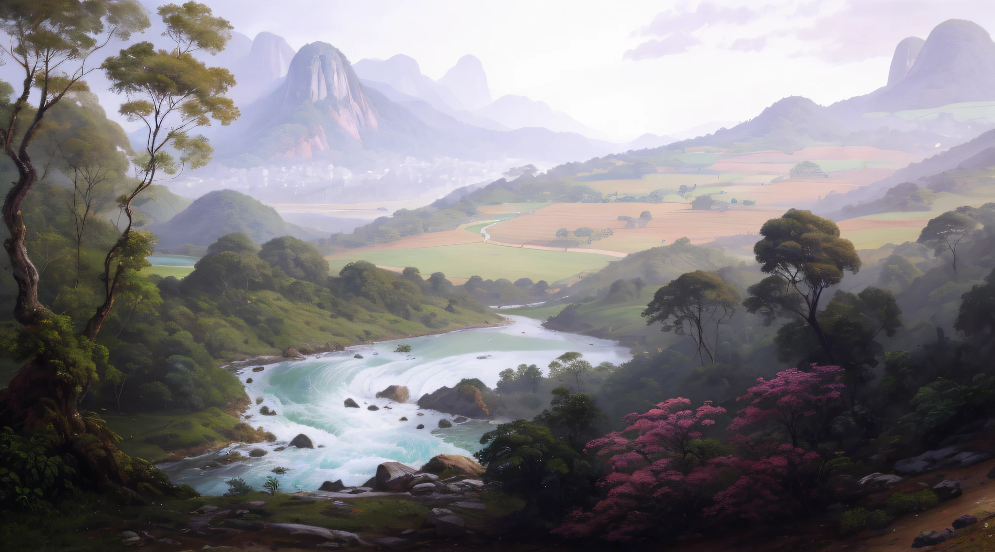 pintura de um rio que atravessa um vale verde exuberante com montanhas ao fundo, colinas fluidas, 8k resolution digital painting, 8k resolution digital painting, Pintura digital 4K, Pintura digital 4k, pintura digital detalhada, baixo detalhamento. pintura digital, Pintura Digital de Alto Detalhe, peaceful landscape, rio, trees and hills, pintura detalhada 4K, pintura digital 4k