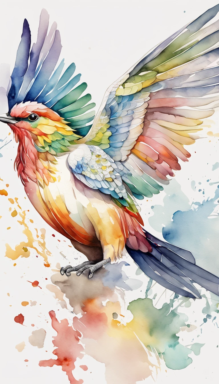 A gentle and beautiful rainbow bird rests on a white cloud, folding its wings, folding its wings, folding its wings, with kites, rainbows, and overlapping scenery and spaces, creating a dynamic and layered effect. Simple lines, light colors, and minimalist black and white.