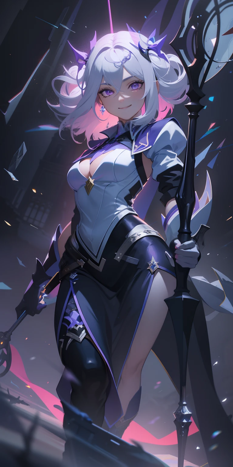 (masterpiece, best quality, ultra-detailed, best shadow), (detailed background,dark fantasy), (beautiful detailed face), high contrast, (best illumination, an extremely delicate and beautiful), ((cinematic light)), colorful, hyper detail, dramatic light, intricate details, (1girl, solo,white hair, sharp face,purple eyes, hair between eyes,dynamic angle), swirling black light around the character, depth of field,black light particles,(broken glass), superhero , full body, holding magical staff, woman, happy, smile, look in front, tall, wearing boots, attractive, detailed clothing,