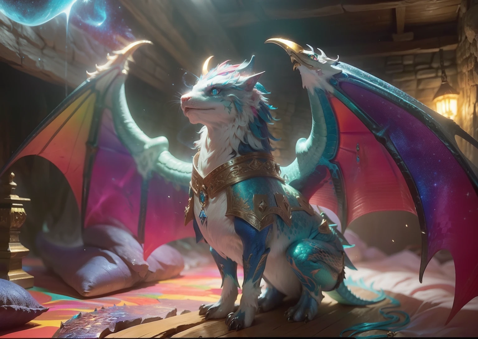 A young dragon, Estilo medieval, Escamas semelhantes a nebulosas, Colorful rainbow effects on wings and scales, com braceletes de ouro entrincadas ,  rainbow wings, em 4 patas, Background of the colorful cosmic nebula , estrelas, galaxias, escamas detalhadas, - Olhos felinos, fundo caverna, 4K分辨率, Works ́rima, detalhes