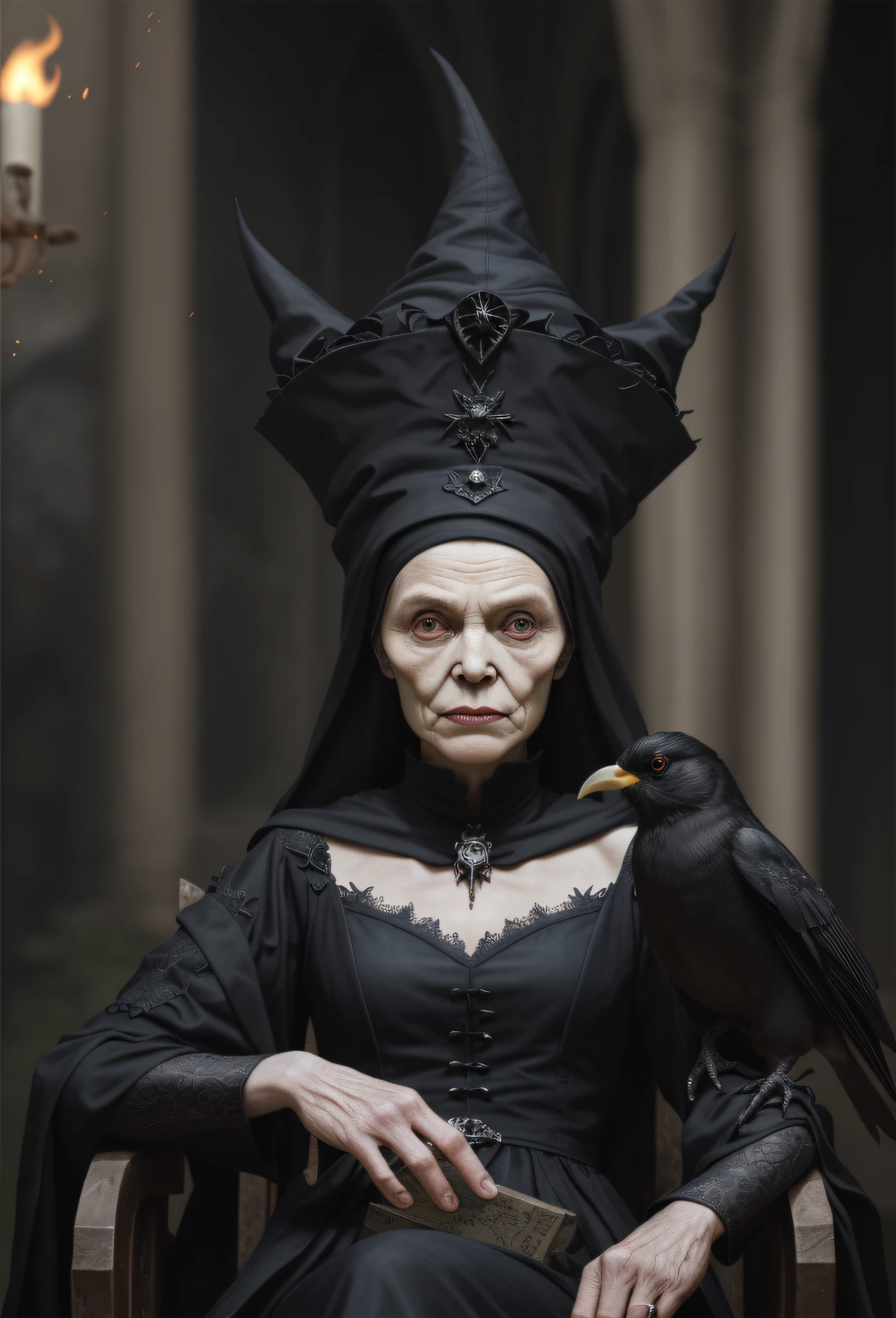 （A very old witch sat in a chair in Cadillau，She was holding a blackbird：1.8，He wears a skull cap on his head：1.6），（dark castle background，unholy，terroral，Sinister face），（wide angles，Ultra HD details，Masterpiece, hyper HD, Super detail, High details, Best quality, A high resolution, Award-Awarded, 8K），（电影灯光）