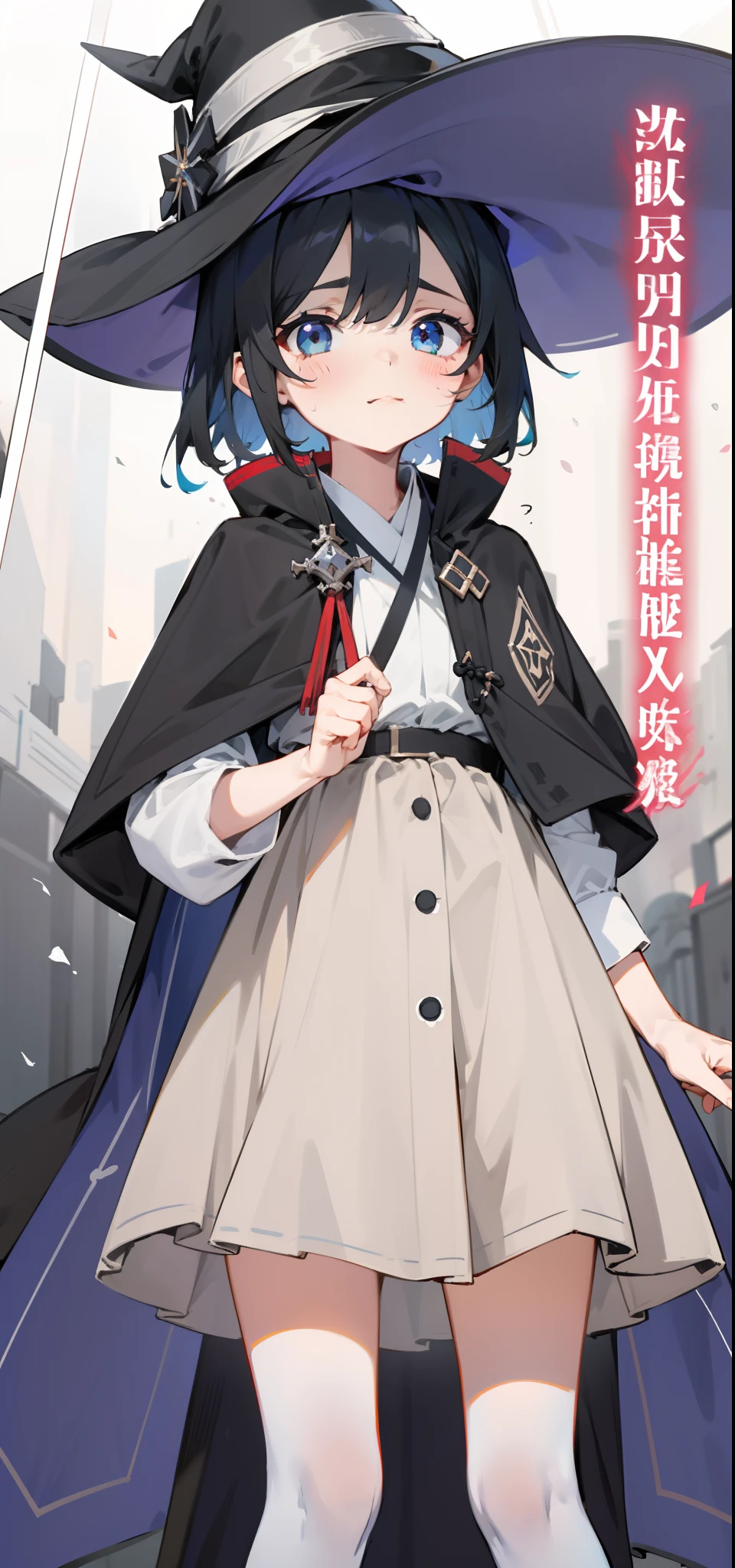 A girl of about ten years old。Neat short black hair、The pupil color is blue-green、neutral face,She wears a black cloak, Wear a white shirt and a plaid skirt。