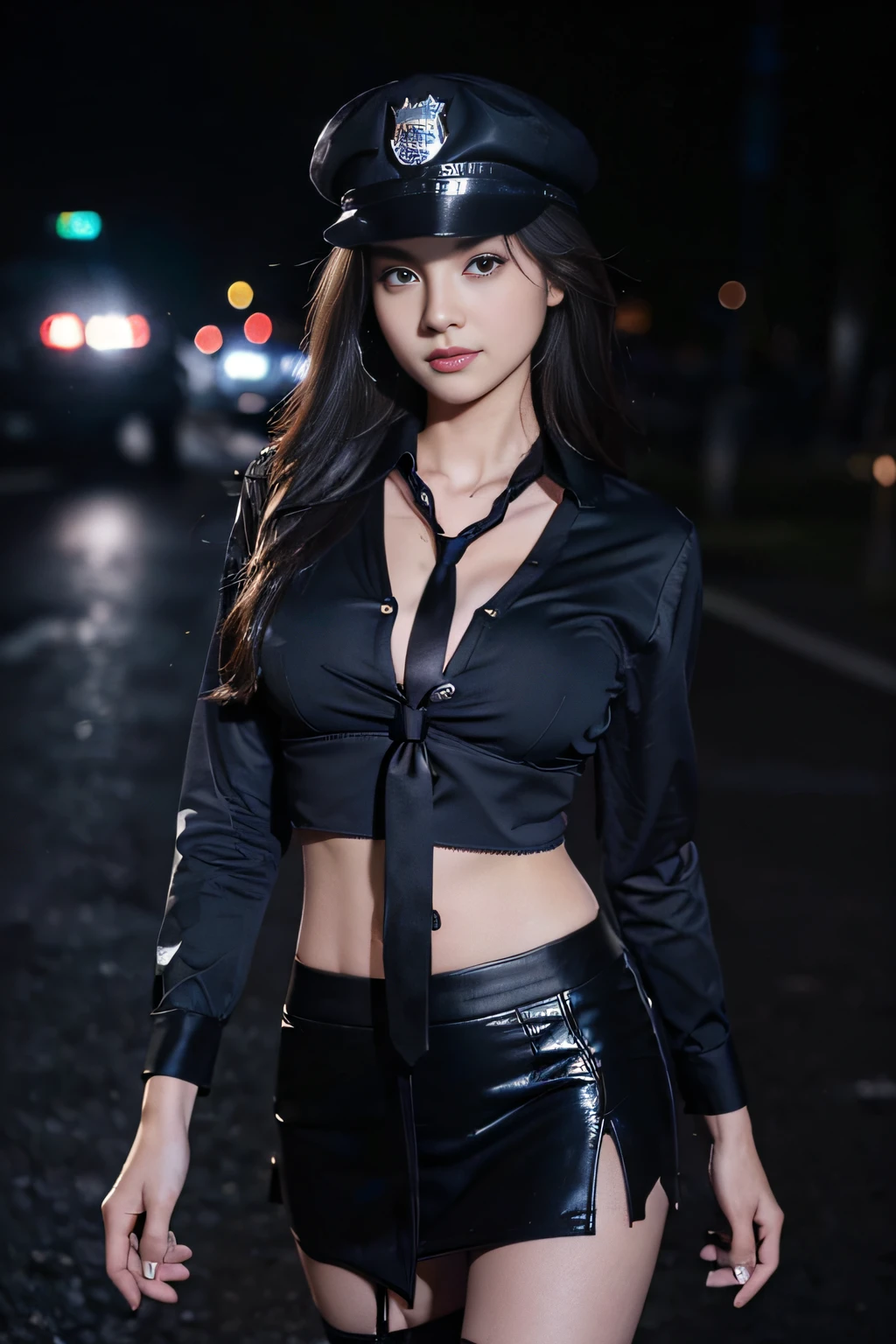 ((beatiful girl:1.3)) ((police girl:1.4)) ((sweat:1.3)) ,((wearing detailed unbuttoned police black colored shirts with necktie and black colored miniskirt:1.25)) (police hat, police suits,) ((best quality,masterpiece,ultra high res)),(photorealistic:1.4),raw photo,(Authentic skin texture:1.3),(film grain:1.3),panorama,character portrait,very wide shot,narrow waist,cowboy shot,(in the dark, deep shadow, low key, cold light,) ,dust,Tyndall effect,(expression),,beautiful detailed eyes and face,brown eyes, ((full body:)) ((close up:)) ((flat stomach)) ((city in the night)) ((cleavage)) ((panty shot))
