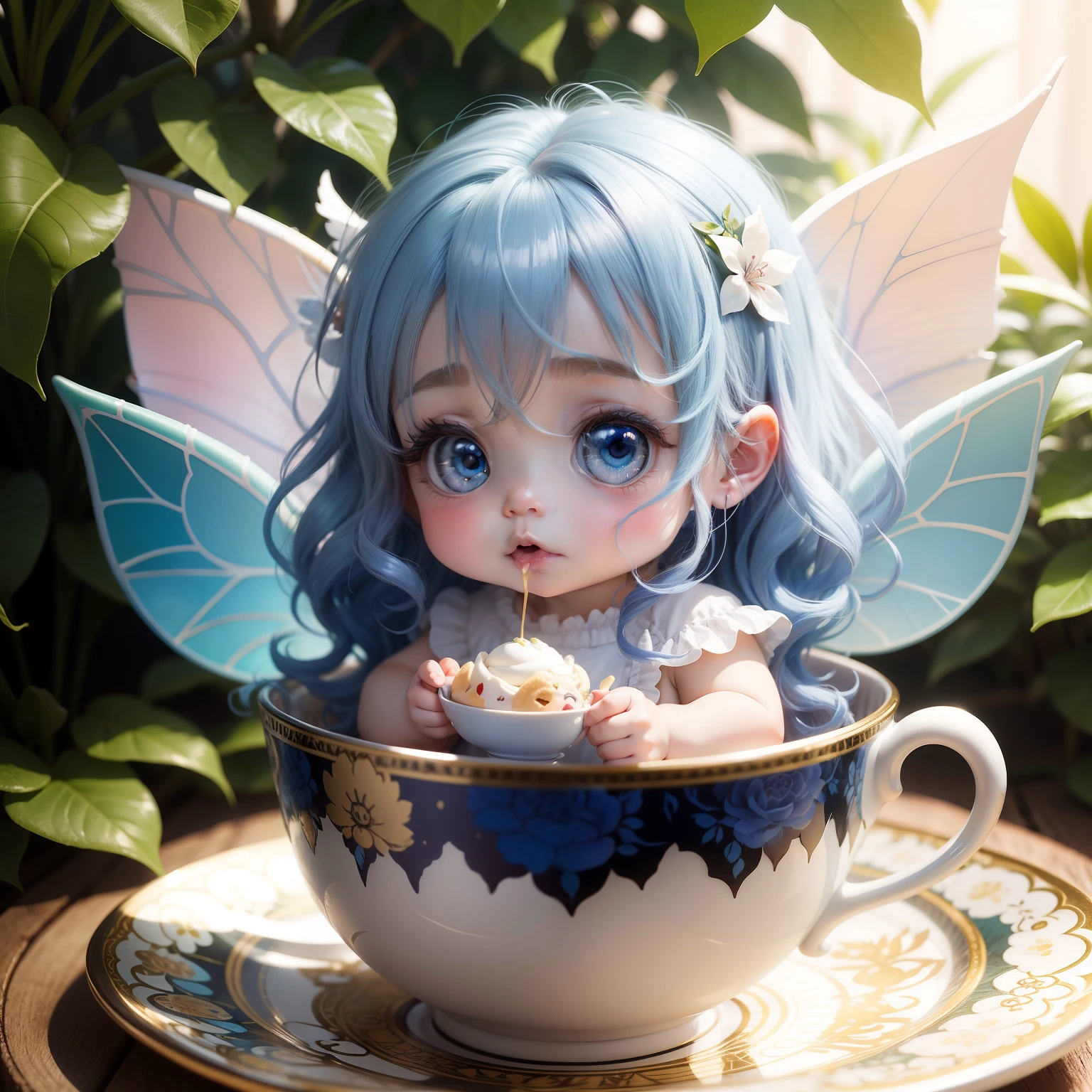 Cute Baby Chibi Anime,A little fairy sitting in a teacup is eating kompeito。（Wearing fairy wings like stained glass：1.5） Blue wavy hair,verd s eyes,Royal Botanic Gardens