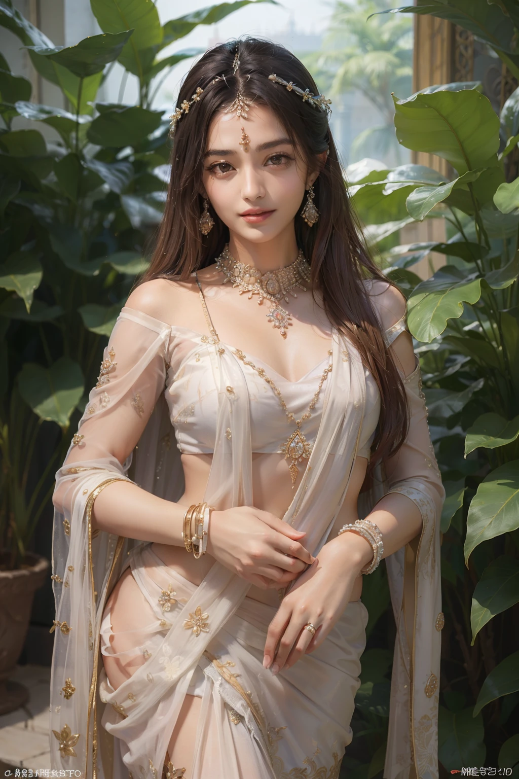 ((top-quality、​masterpiece、photographrealistic:1.4、8K))、Beautuful Women、full bodyesbian、sixteen years old、delicate and beautiful face、Lady of India's Great Noble Lady、（Women of Southeast Asia）、（Luxury saris and headdress in Indian style）、Luxury accessories、saree、Beautiful lighting、Textured skin、Super Detail、high detailing、High quality、hight resolution、（Dancing happily in a beautiful Indian-style garden。Indian castle on background）、florals、The tree々、Elegant smile、（looking at the viewers）、a tiger