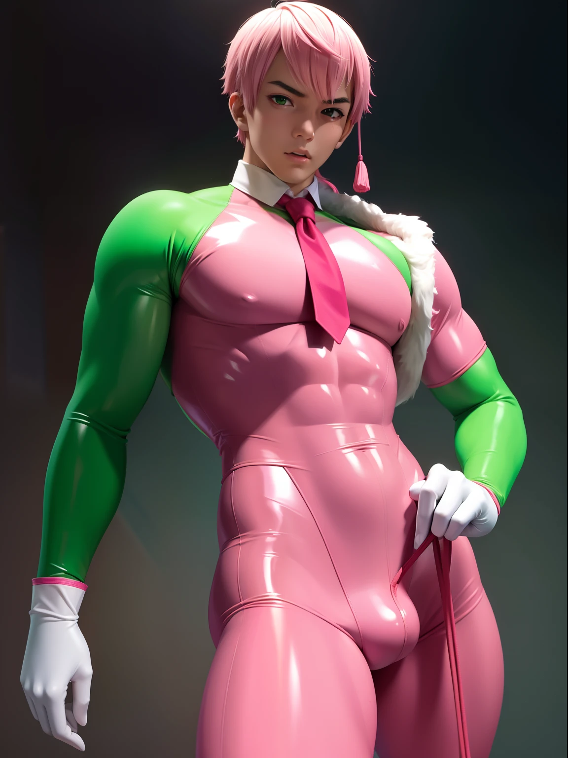 Young Asian man，fully body photo，Light pink latex garment，tightsuit，Muscular body，Cocked buttocks，musculature，latex legwear，mitts，Fluorescent green bodysuit，（Tie tightly with a red cord），binding，shyexpression，The crotch is raised，male people