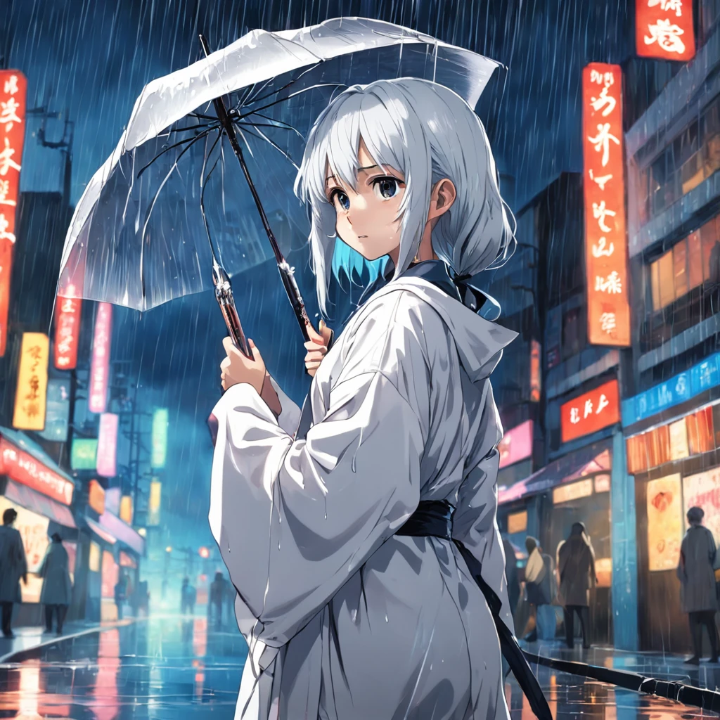 rainy evening,River side,s girl,Wear a white robe,Hold two knives