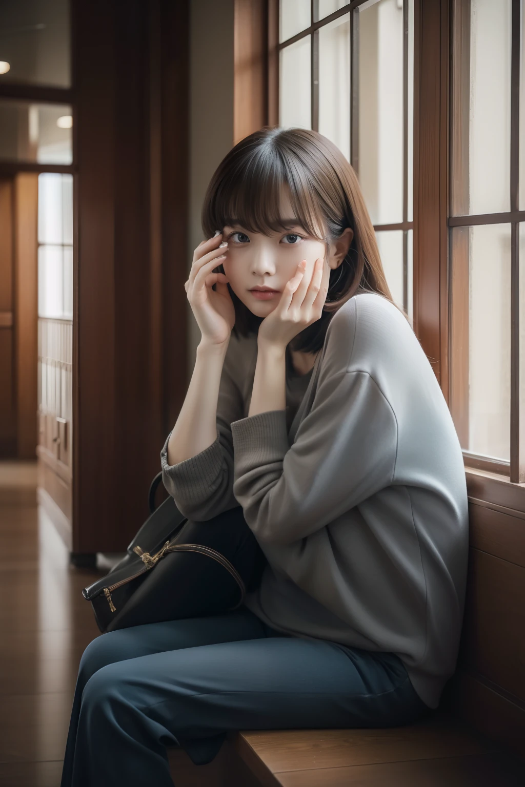 Young wife seduces on the balcony、Super detailed、Particles of light:0.5、Shiny and smooth skin texture、Put your hands on the railing、Beautiful clear blue eyes、dorsal position、Mouth half open、Natural Texture、Short Hair、、Mature slender beauty、Small breasts、Dignified face、A soft sweater and a white skirt、Blowjob、Grasp the male genitalia with both hands