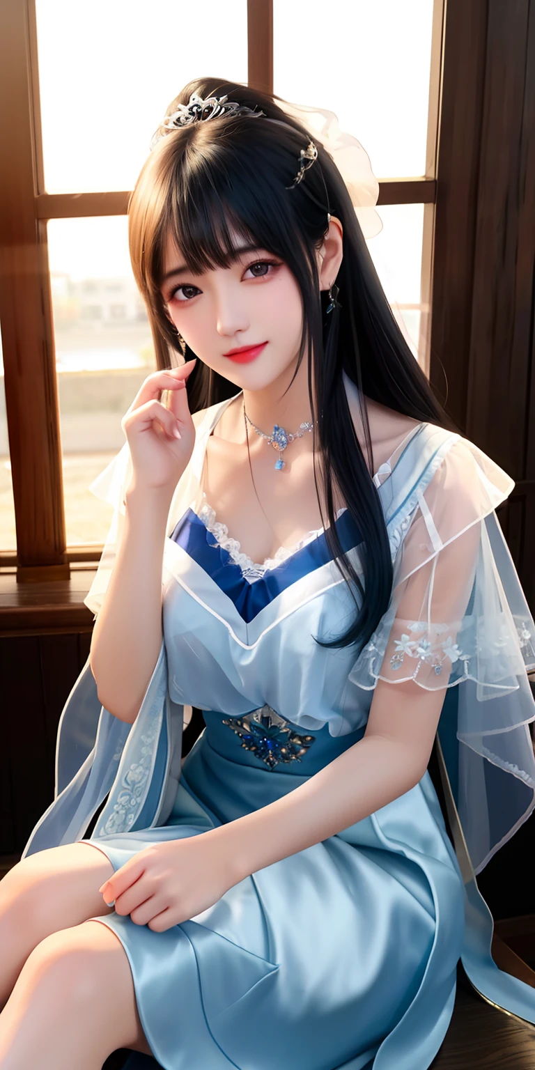Best quality、tmasterpiece、A high resolution、Sichuan girl、Sheer silk porcelain dress、Nice face、hair adornments、looking at viewert、ssmile、Shut your mouth、cparted lips、Blue JK skirt、hair adornments、choker necklace、jewely、long whitr hair、耳Nipple Ring、pretty face、Tindal effect、hentail realism、Shadow Studio、edge lit、bicolor lighting、(highdetailskin:1.2)、8K UHD、Digital SLR、softlighting、high high quality,Volumetriclighting,photore,High resolution 4K,8K,blur backgroun