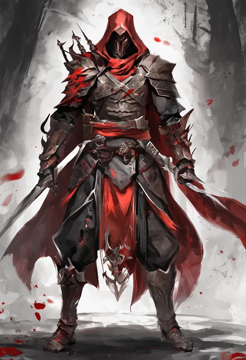 (ultra-detailed CG unit 8k wallpaper, Master parts, Best quality, depth of fields, hdr, 复杂), Tall, The sinister Dark Assassin wears a metal mask,Bright red eyes,Light and dark armor,Behind him he wears a low-key red cloak,Holding a sharp dagger in his arms,Step into the burning village, (复杂: 1.4) (Master parts: 1.4) (illustration: 1.4), Red studio lighting, Post-processing, 8K resolution, deep dark background, imponent, Well-composed photos, Impressive, dark fantacy (director: greg rutkovsky: 1.2), (darken: 1.5)(multiple persons:1.5)
