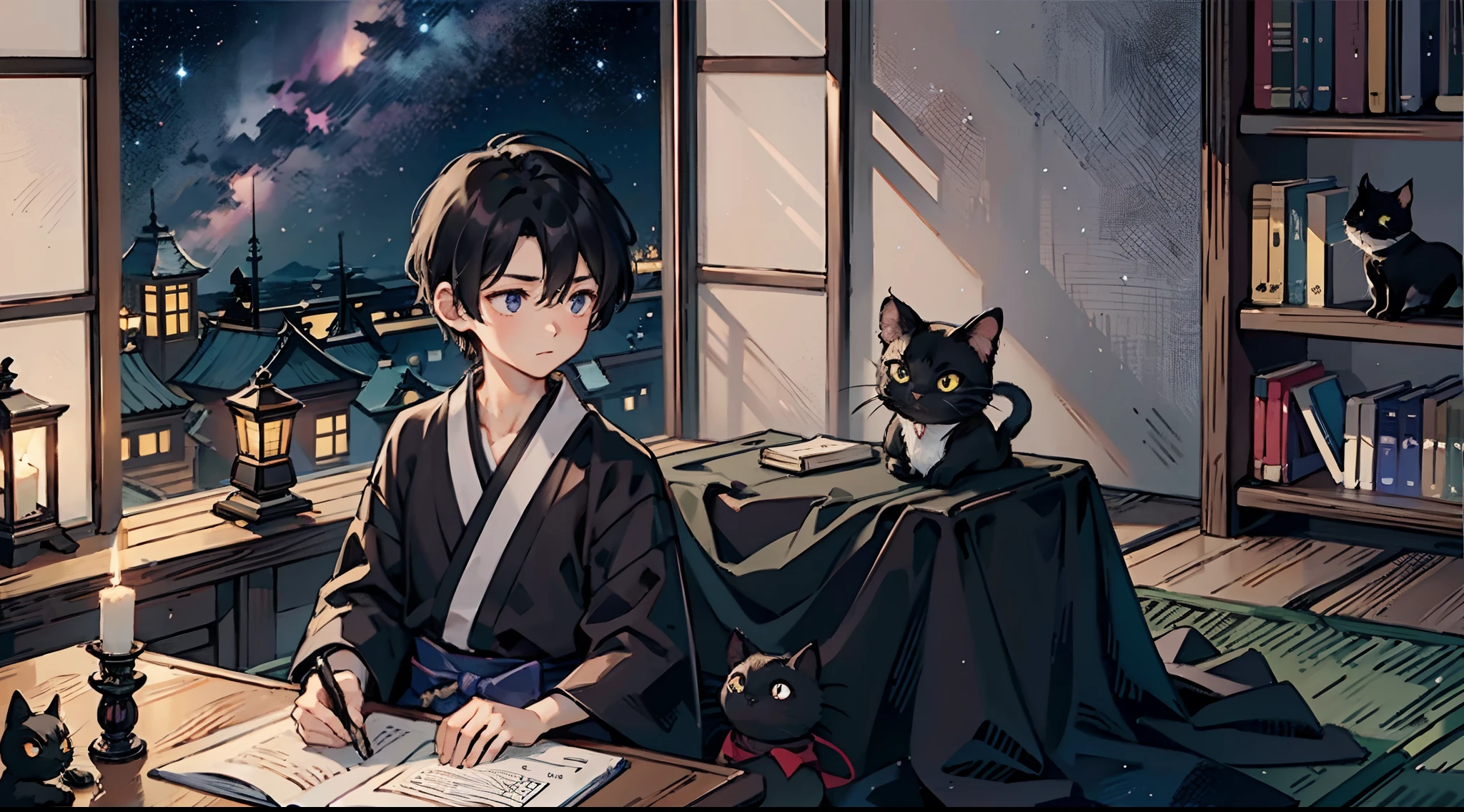 #the beautiful night sky(darkness of night,no light)、
#writing boy(16 male、Honor Students、A dark-haired、short-hair、hakama、white tight collar shirt)、
#night room(less light,black cat,wooden low table,one candle、Tatami mats、a lot of books、bookcase)