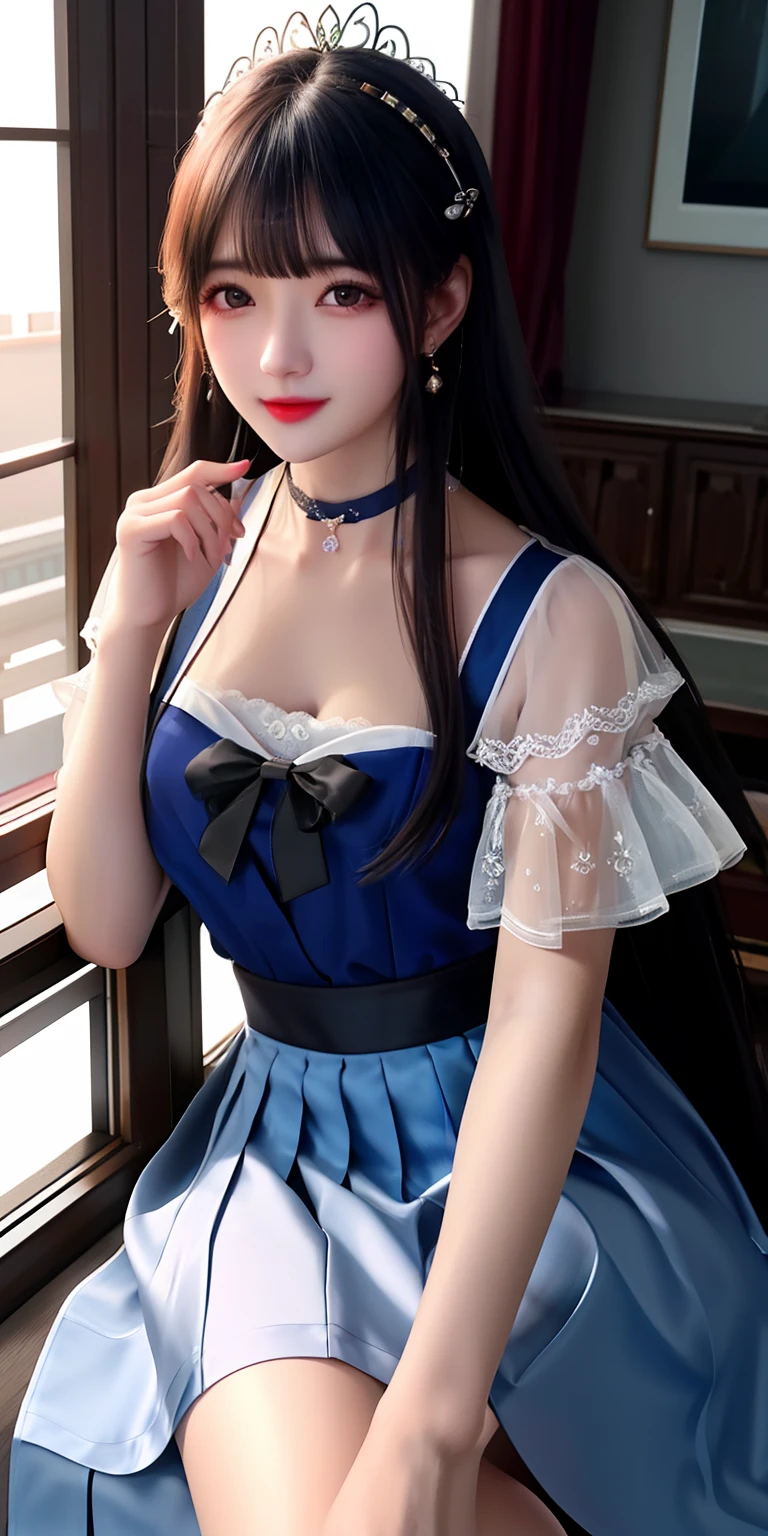 Best quality、tmasterpiece、A high resolution、Sichuan girl、Sheer silk porcelain dress、Nice face、hair adornments、looking at viewert、ssmile、Shut your mouth、cparted lips、Blue JK skirt、hair adornments、choker necklace、jewely、long whitr hair、耳Nipple Ring、pretty  face、Tindal effect、hentail realism、Shadow Studio、edge lit、bicolor lighting、（highdetailskin：1.2）、8K  UHD、Digital SLR、softlighting、high high quality，Volumetriclighting，photore，High resolution 4K，8K，blur backgroun