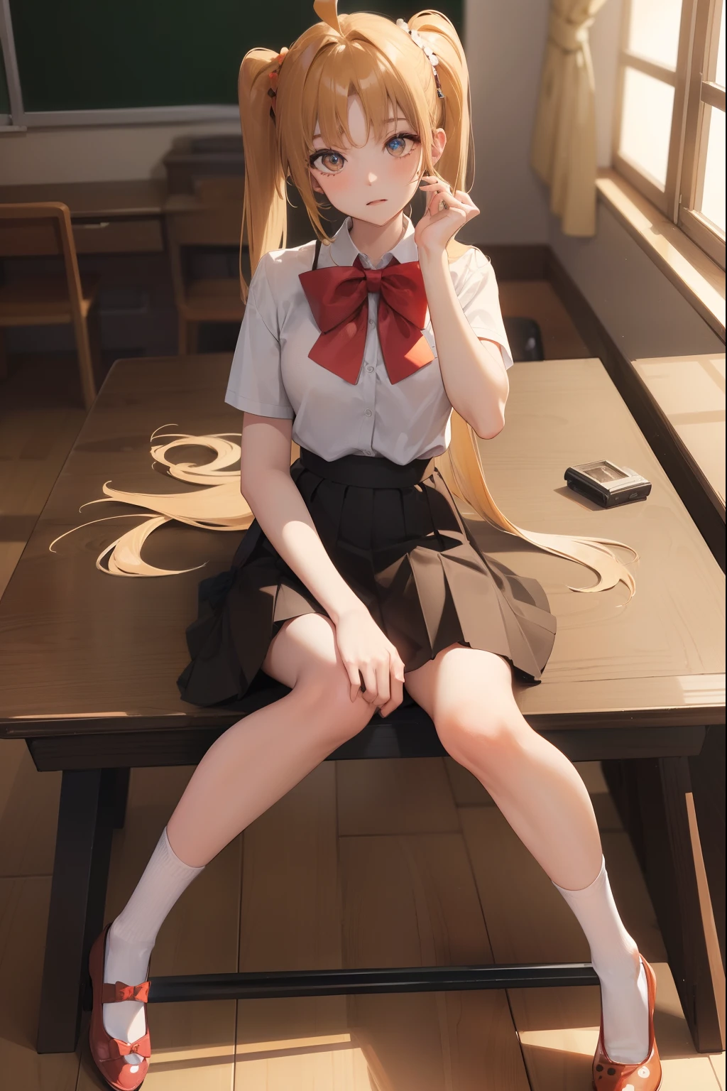 nijikaijichi, nijika ijichi, ahoge, blonde hair, (brown eyes:1.5), long hair, one side up,
BREAK black skirt, bow, bowtie, collared shirt, pleated skirt, polka dot, polka dot bow, red bow, red bowtie, red footwear, shirt, shoes, short sleeves, skirt, socks, white shirt, white socks,
BREAK looking at viewer,
BREAK indoors, classroom,
BREAK (masterpiece:1.2), best quality, high resolution, unity 8k wallpaper, (illustration:0.8), (beautiful detailed eyes:1.6), extremely detailed face, perfect lighting, extremely detailed CG, (perfect hands, perfect anatomy),