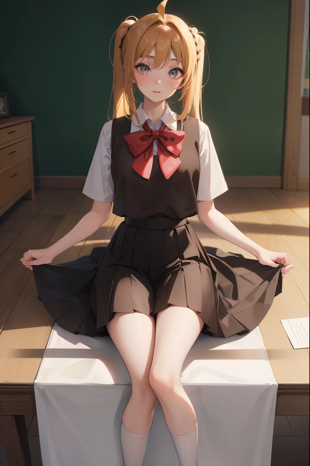 nijikaijichi, nijika ijichi, ahoge, blonde hair, (brown eyes:1.5), long hair, one side up,
BREAK black skirt, bow, bowtie, collared shirt, pleated skirt, polka dot, polka dot bow, red bow, red bowtie, red footwear, shirt, shoes, short sleeves, skirt, socks, white shirt, white socks,
BREAK looking at viewer,
BREAK indoors, classroom,
BREAK (masterpiece:1.2), best quality, high resolution, unity 8k wallpaper, (illustration:0.8), (beautiful detailed eyes:1.6), extremely detailed face, perfect lighting, extremely detailed CG, (perfect hands, perfect anatomy),