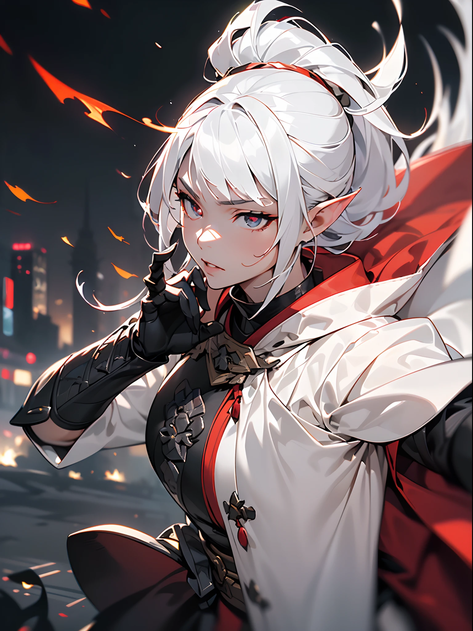 ((jpn)),((Best Quality)),((Beautifully painted)),((hight resolution)),1girl in,Luminescent beautiful elven daughter,(((White surcote))),((White cloak with red decoration)),Luminescent bushy silver-haired ponytail,Shining eyes,(((black gauntlet and glove))),nice hand, Perfect hands,((Shunho)),(((Fight black demon monsters in the streets of a big city on a blazing night))),((Flying flames)),armor,(face forcus),(((motion blur))),(((dynamic angle))),((cinematic lighting))