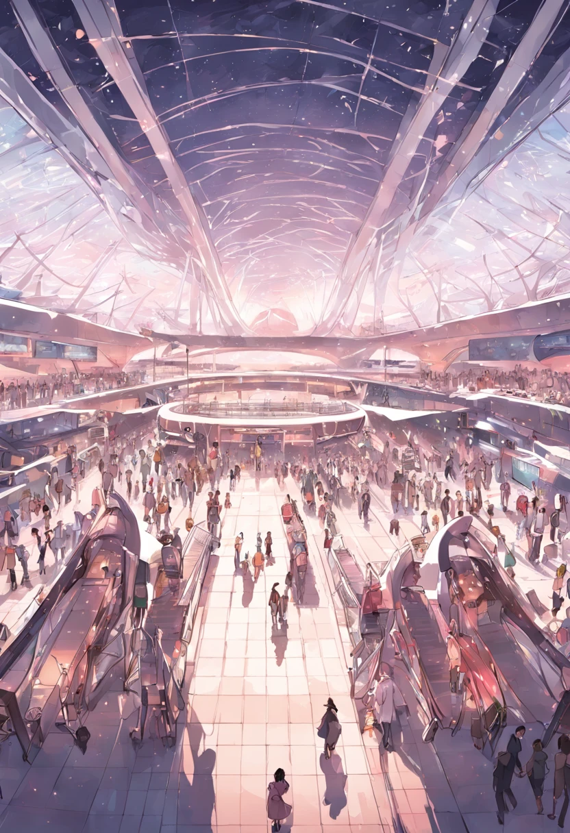 Suvarnabhumi Airport, line art,Manga backgrounds,There is a large open space with a lot of people walking around.,Suvarnabhumi Airport arrivals