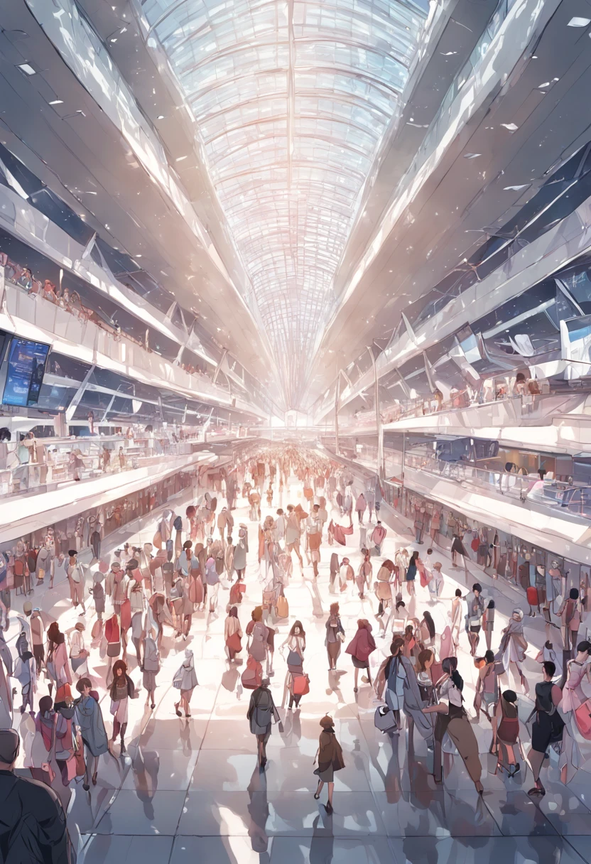 Suvarnabhumi Airport, line art,Manga backgrounds,There is a large open space with a lot of people walking around.,Suvarnabhumi Airport arrivals