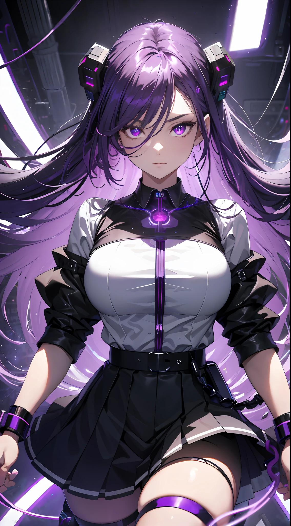 ((masterpiece)),(best quality),(detailed),(1girl), purple glowing hair, purple glowing eyes, wavey hair, white shirt, black skirt, android, datastream, cables, wires, charging, digital chains, large breasts, staring at viewer , breasts close up