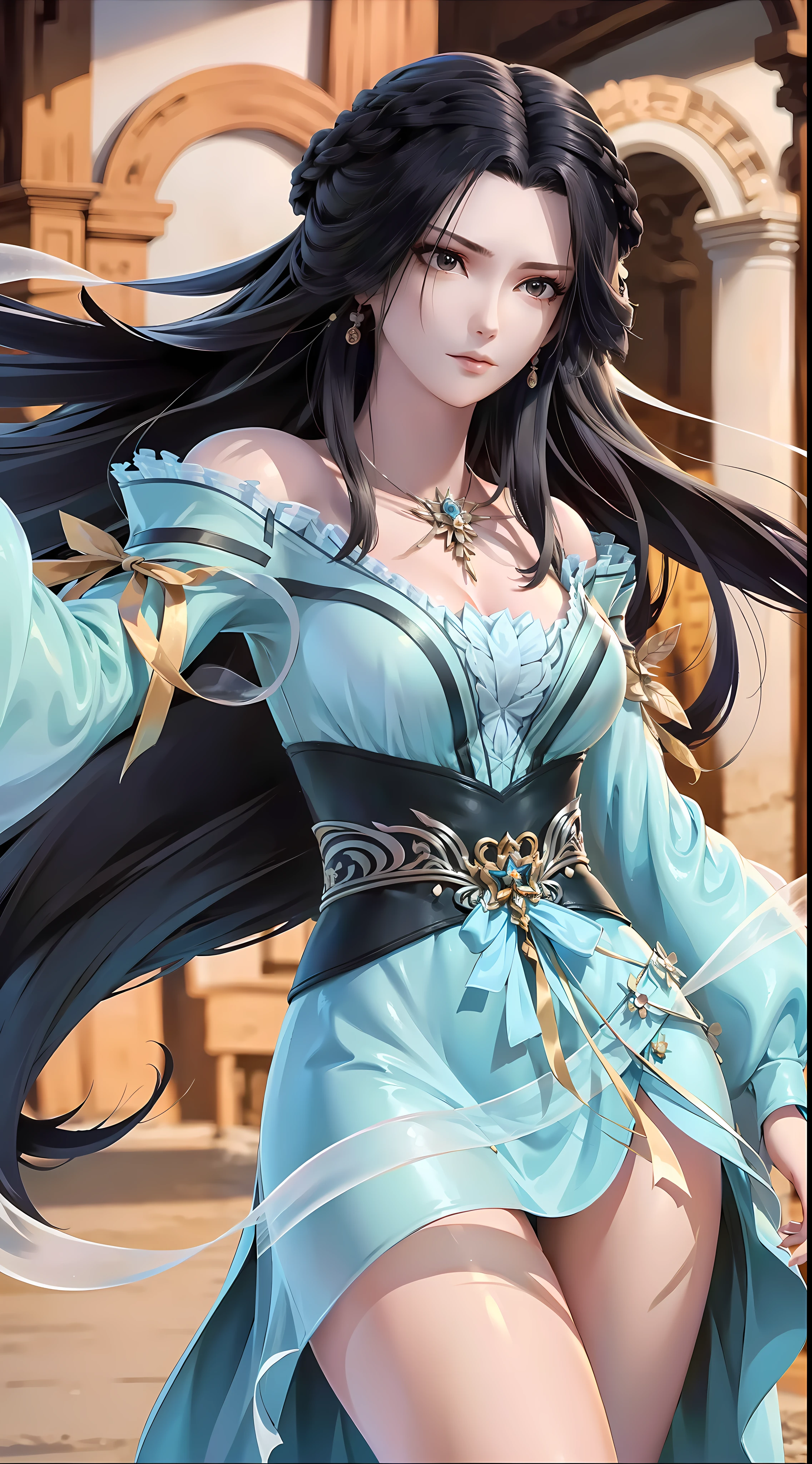 masterpiece,best quality,1girl, black hair, bare shoulders, long hair, dress,cowboy shot, dynamic pose, dynamic angle,