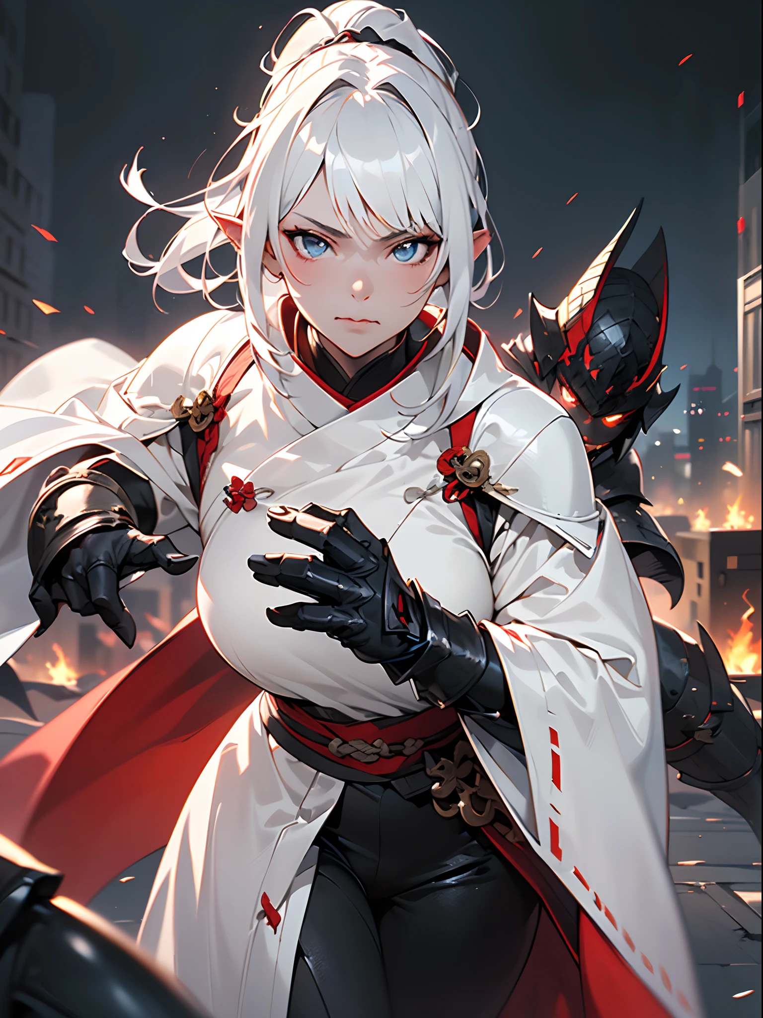 ((jpn)),((Best Quality)),((Beautifully painted)),((hight resolution)),1girl in,Luminescent beautiful elven daughter,(((White surcote))),((White cloak with red decoration)),Luminescent bushy silver-haired ponytail,Shining eyes,(((black gauntlet and glove))),nice hand, Perfect hands,((Shunho)),(((Fight black demon monsters in the streets of a big city on a blazing night))),((Flying flames)),armor,(face forcus),(((motion blur))),(((dynamic angle))),((cinematic lighting))