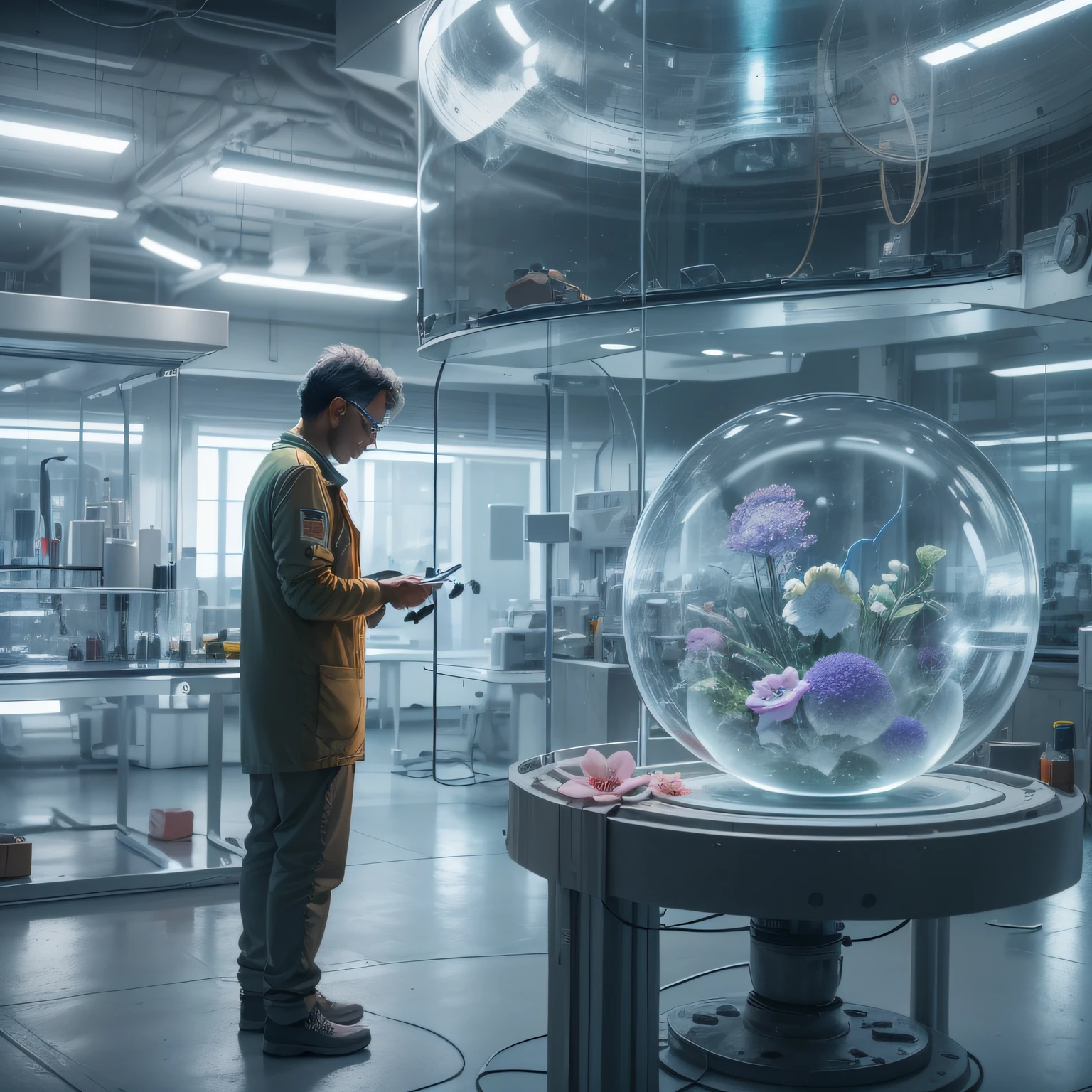 Make a photorealistic image of a scientist observing through a glass in an advanced laboratory, maravilhando-se com uma flor congelada no tempo, suspended in a sphere of energy that keeps it pristine and untouched. 4k high definition, arte digital, lighting dramatic.