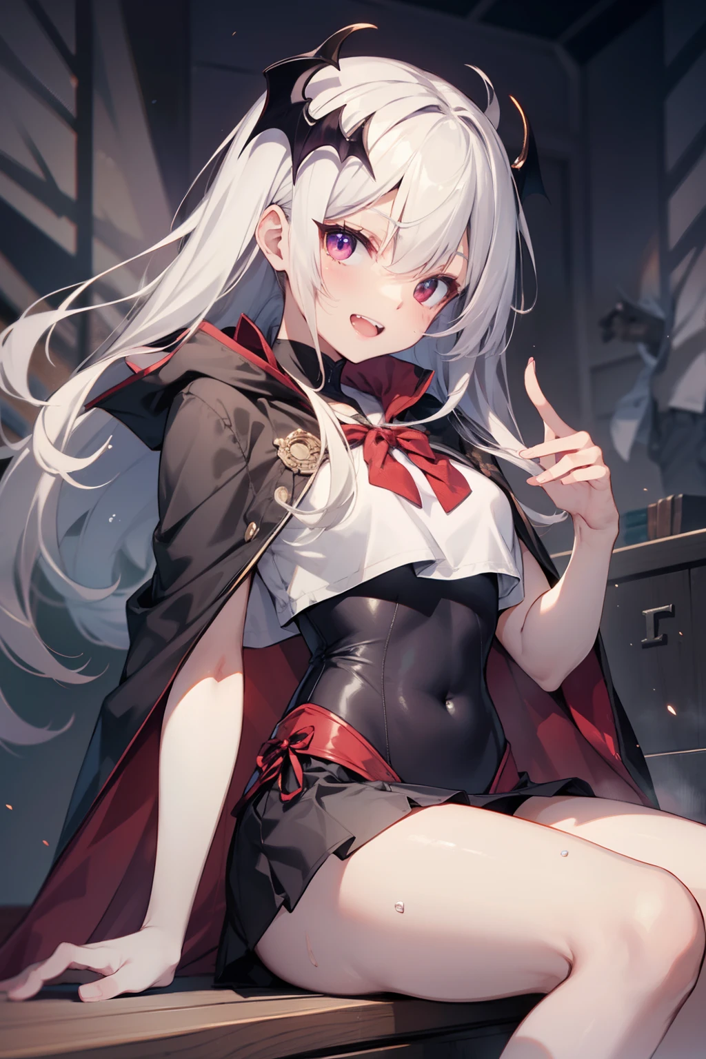 (masterpiece), best quality, seductive eyes, mature face, beautiful woman, red eyes, long white hair with bangs, long eyelashes, white turtleneck, black pants, big breast, anime cover, 1girl, smug face, mature face
