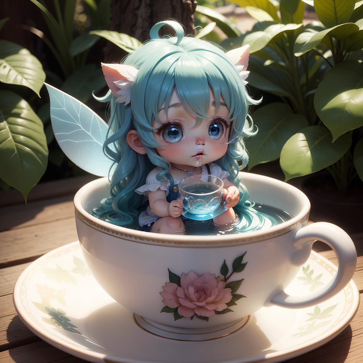 Cute Chibi Anime,A small fairy sitting in a teacup is eating kompeito。(Wearing fairy feathers like stained glass:1.5) Blue wavy hair,verd s eyes,Royal Botanic Gardens