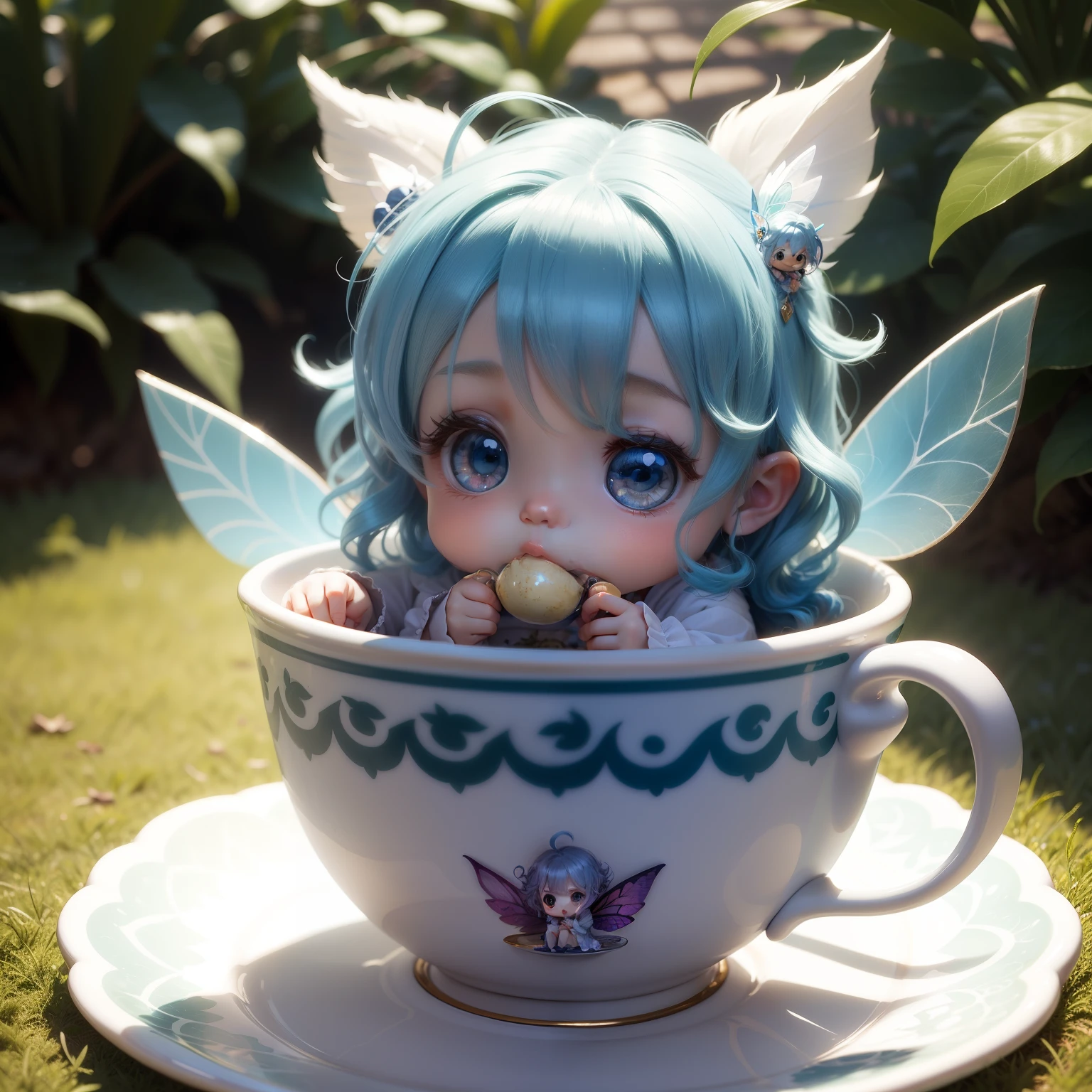 Cute Baby Chibi Anime,A small fairy sitting in a teacup is eating kompeito。(Wearing fairy feathers like stained glass:1.5) Blue wavy hair,verd s eyes,Royal Botanic Gardens