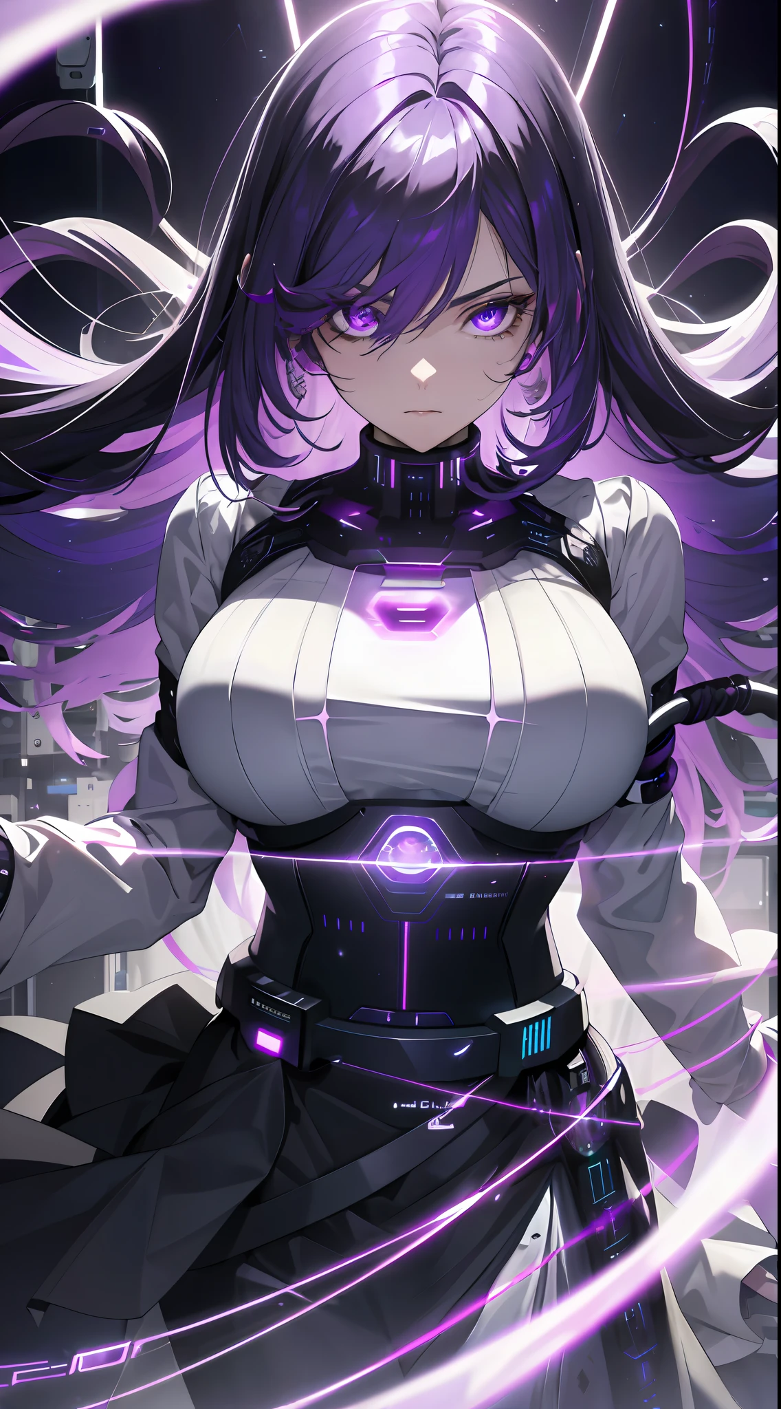 ((masterpiece)),(best purple glowing hair, violet glowing eyes, wavey hair, white shirt, black skirt, android, datastream, cables, wires, charging, digital chains, large breasts, staring at viewer , breasts close up